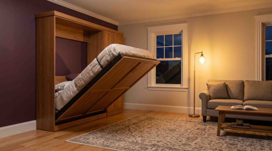 A wooden Murphy bed folding down from a cabinet into a living room with a sofa.