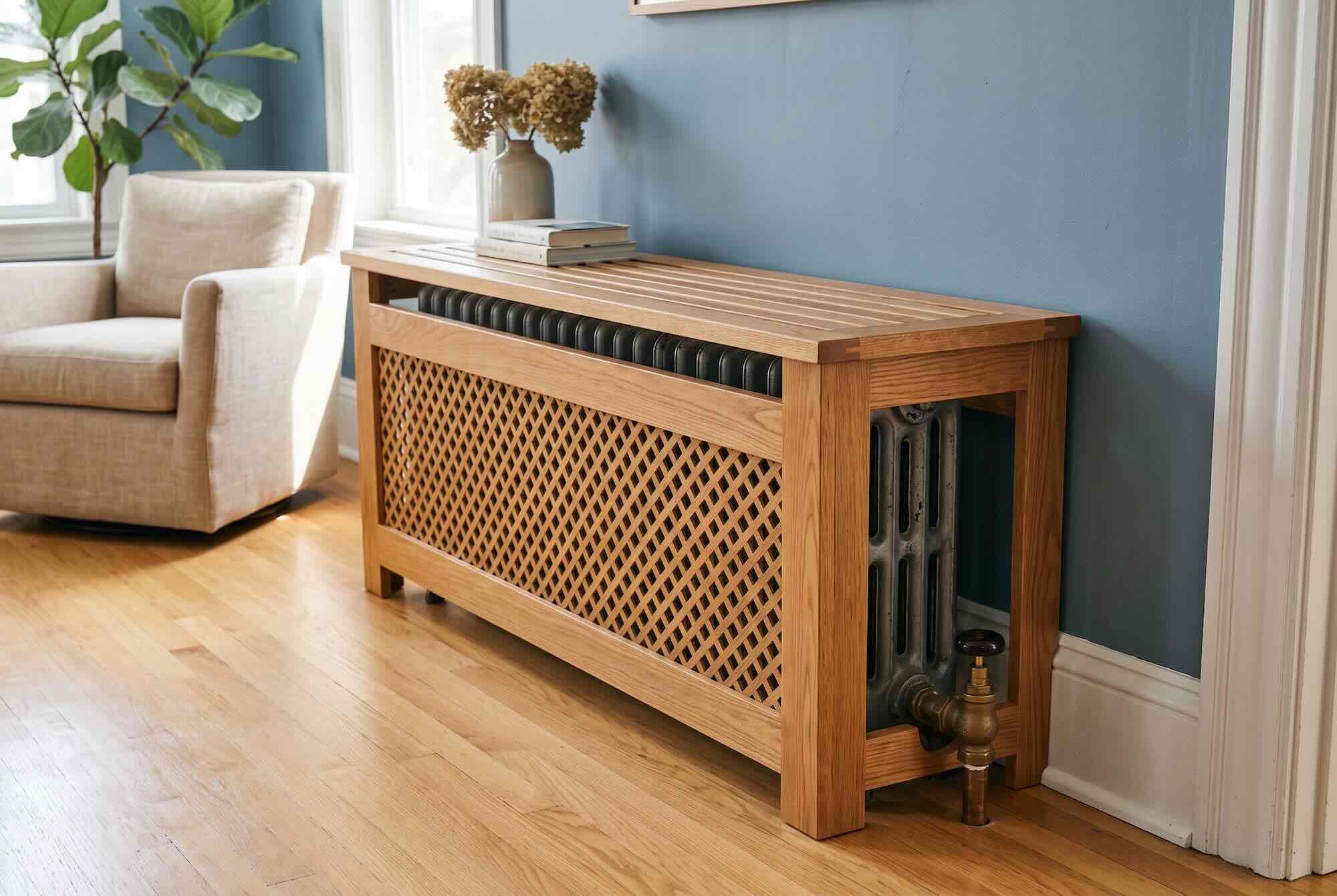 A wooden radiator cover with a crisscross lattice front panel hiding a radiator.