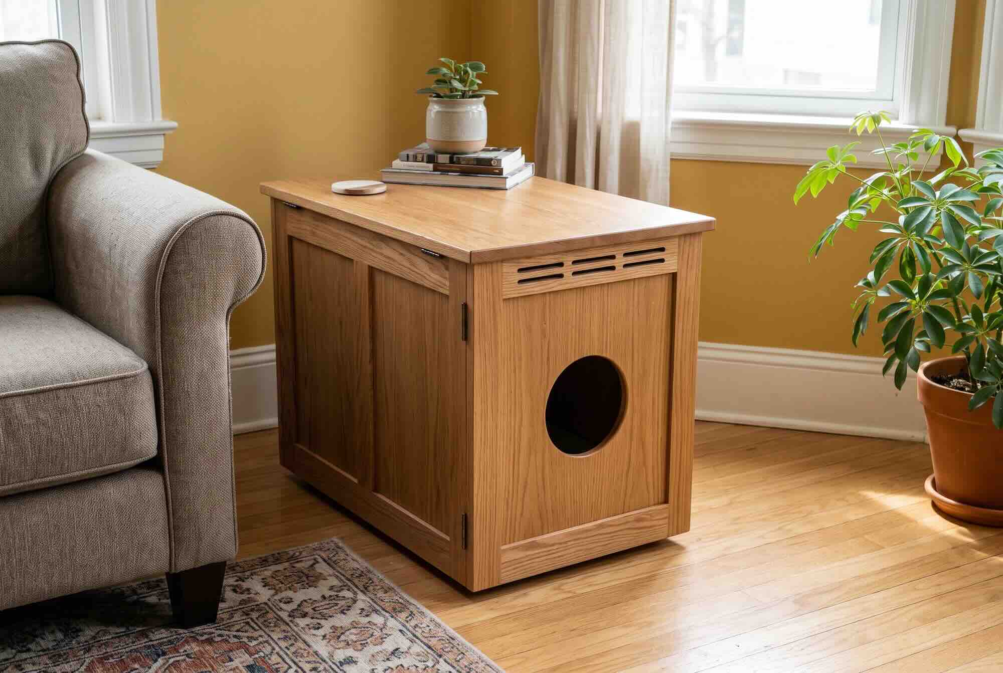 A wooden side table featuring a circular entry hole functioning as hidden litter box furniture.