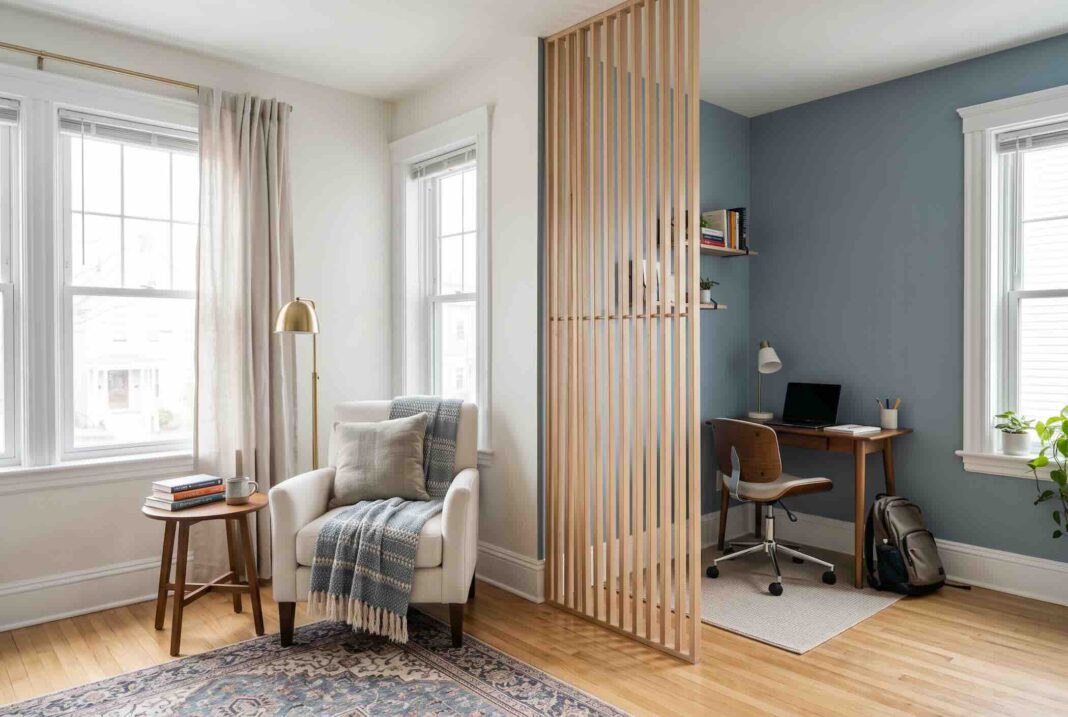 A wooden slatted divider separating a seating area from a workspace.