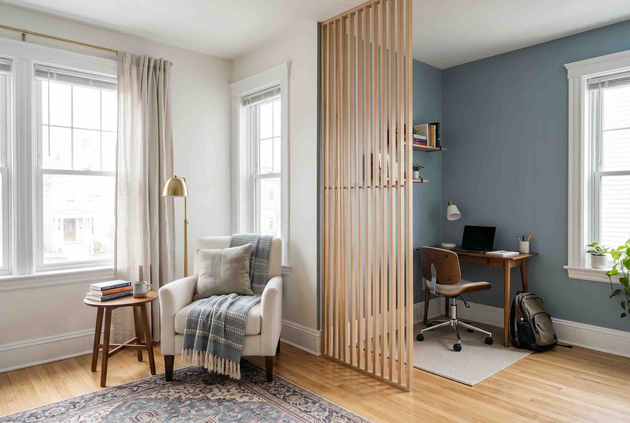 A wooden slatted divider separating a seating area from a workspace.