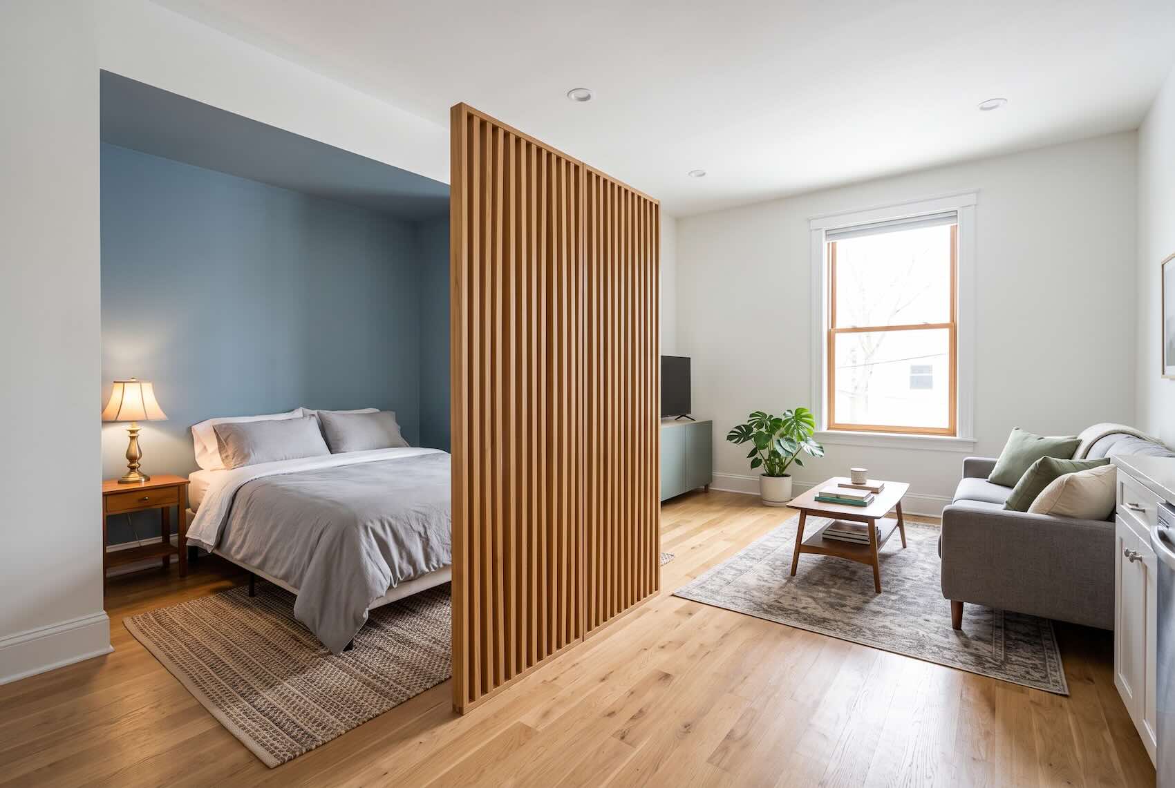 A wooden slatted divider separating a sleeping area from a living room in an open apartment.