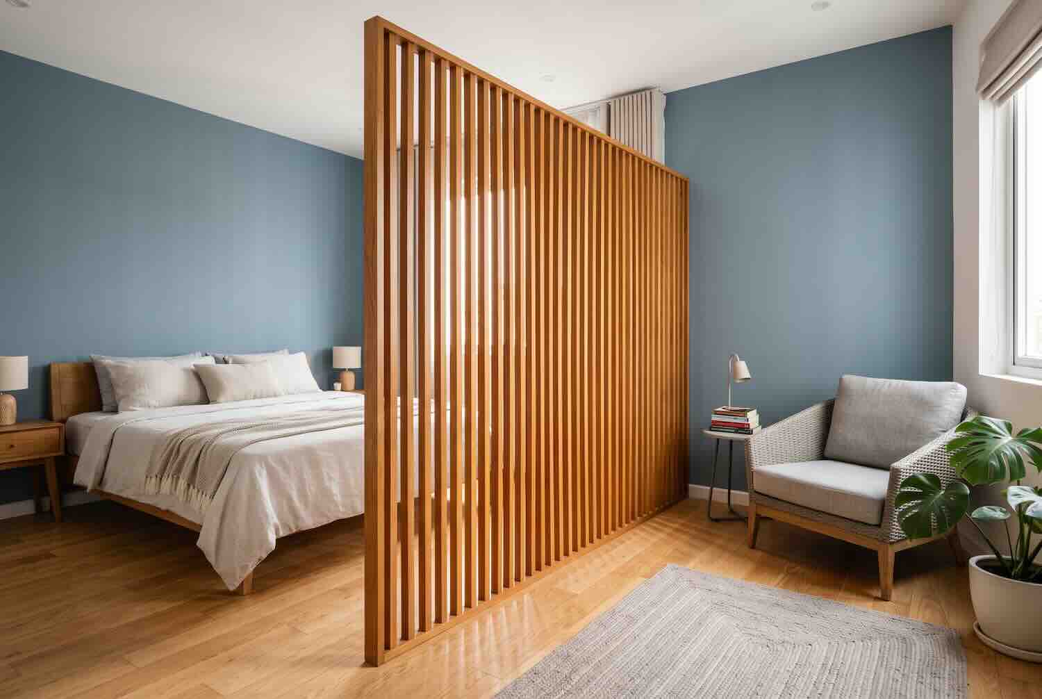 A wooden slatted room divider separating a bed from a reading chair and plant.