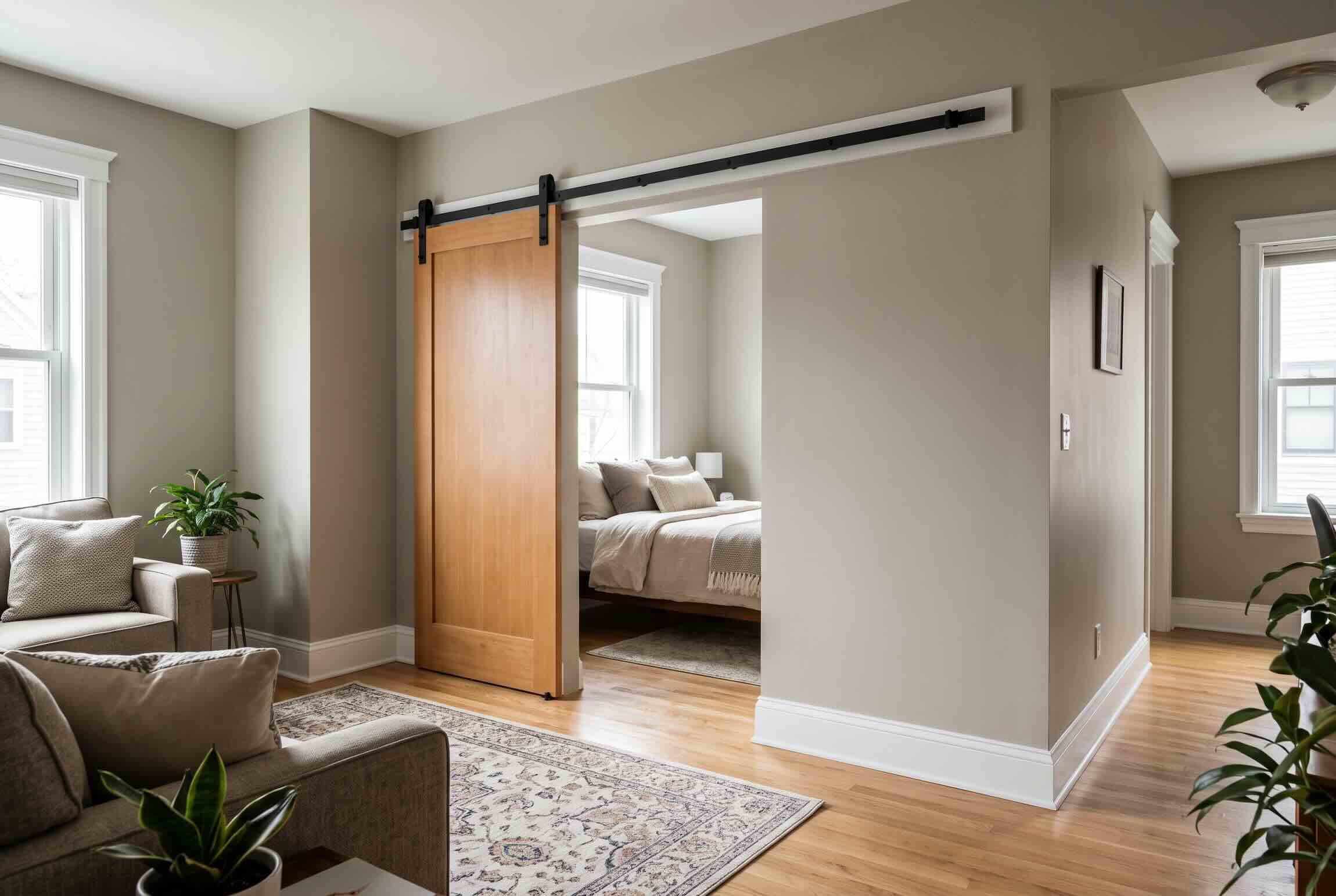 A wooden sliding barn door partially closing off a bedroom from a living space.
