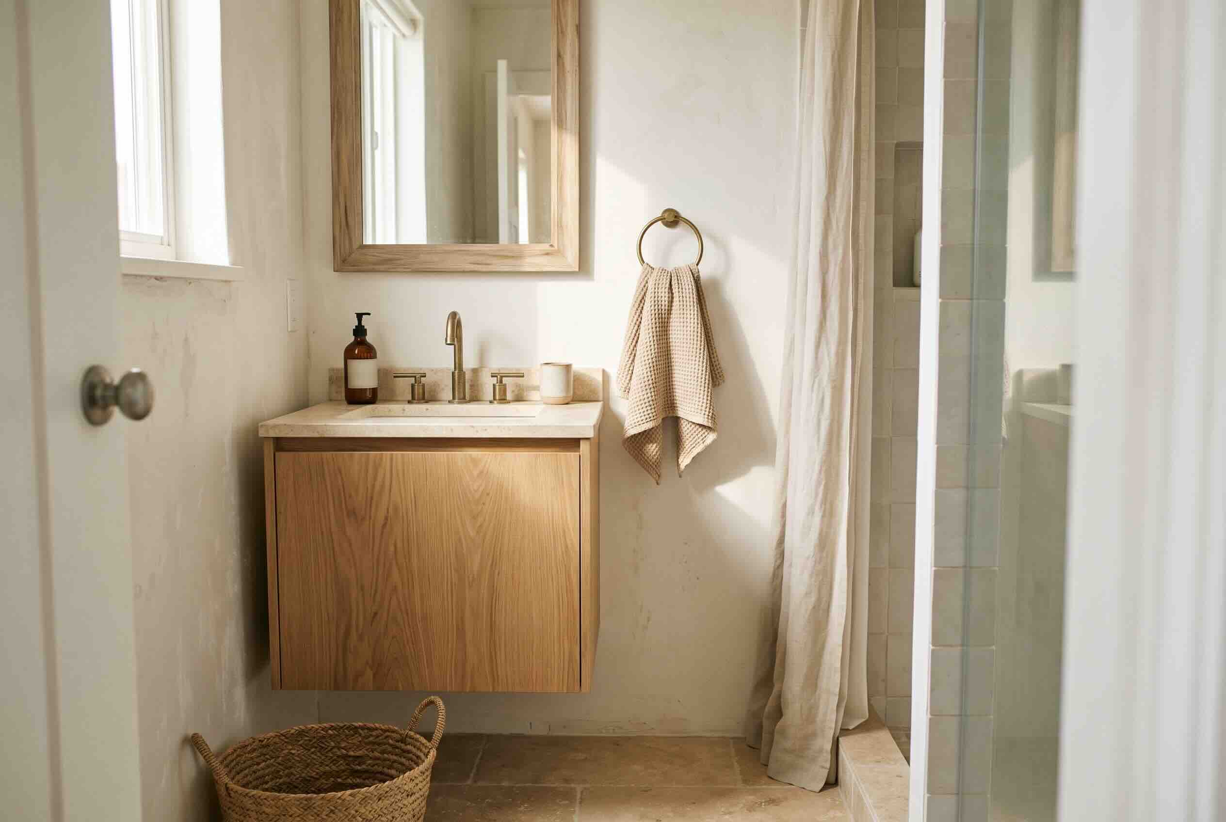 A wooden vanity and mirror with a woven floor basket in a light bathroom.