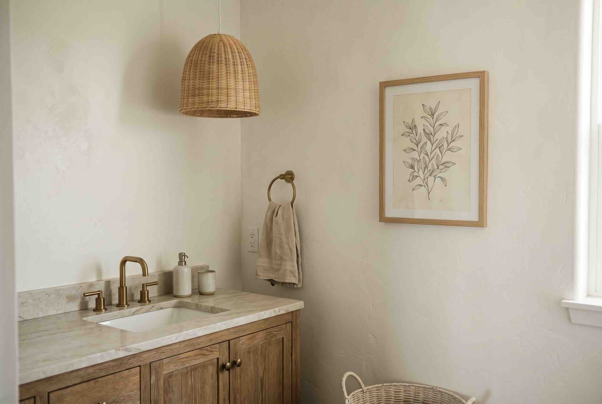 A woven pendant light and framed botanical art above a wood vanity.