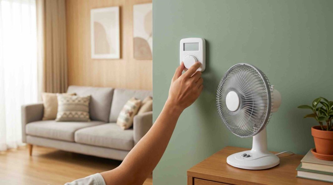 Adjusting a wall thermostat next to a spinning desk fan.