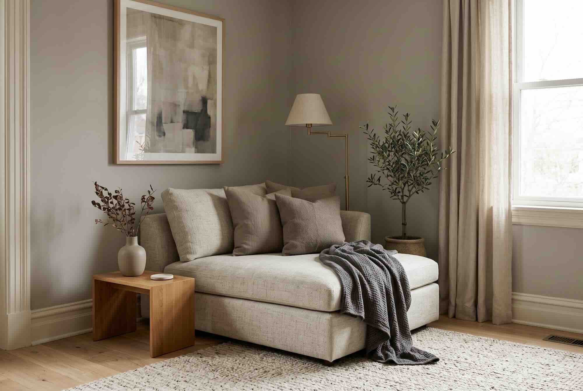An armless lounge chair with neutral pillows and a grey blanket in a corner.