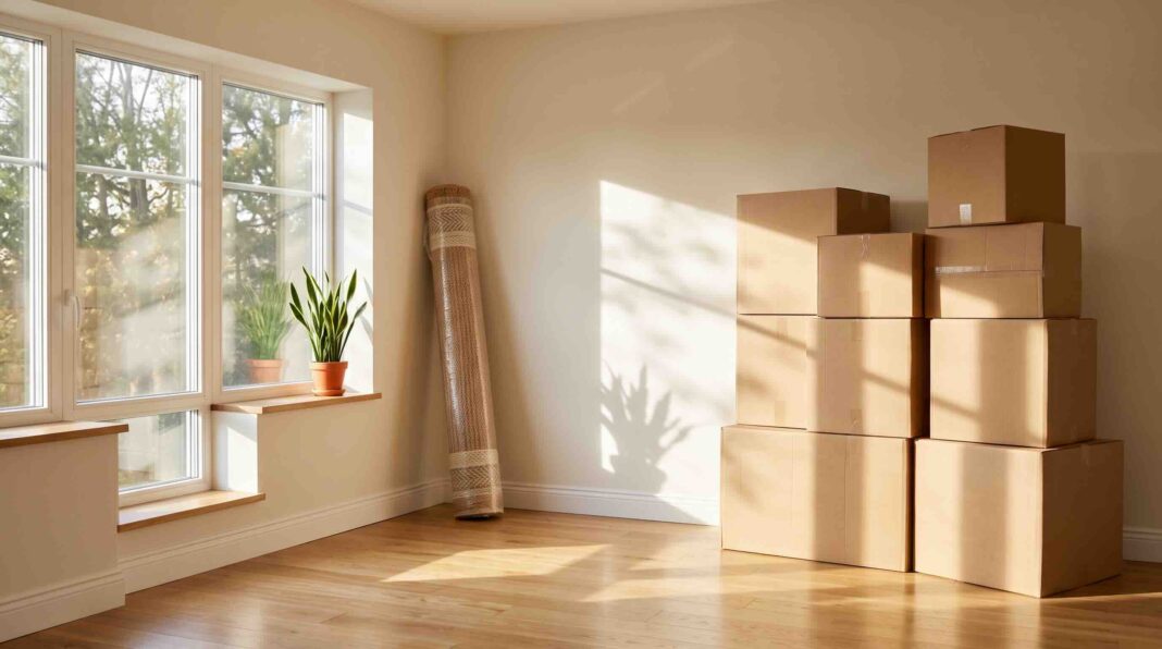 An empty apartment room corner with moving boxes stacked by a window.