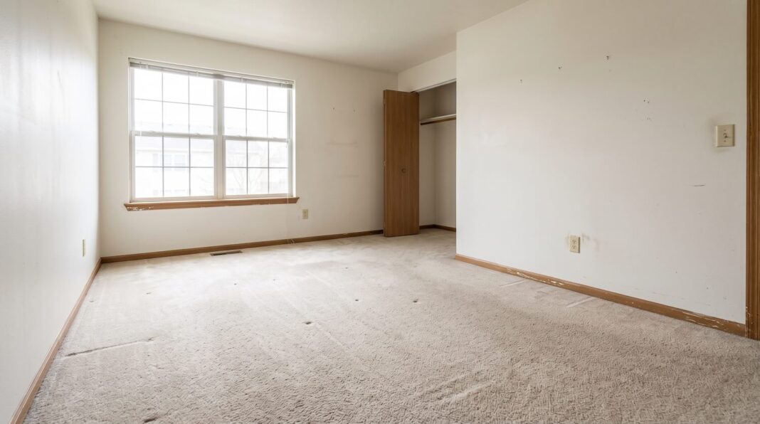 An empty apartment room showing slightly faded paint and light carpet traffic wear.