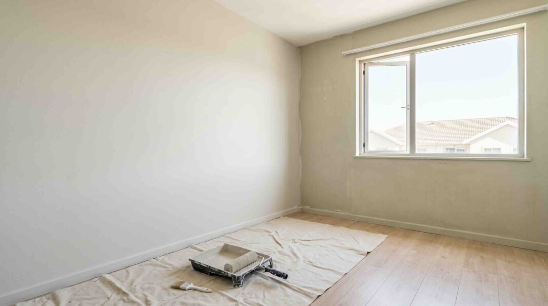An empty room prepared for painting with a drop cloth and paint roller on the floor.