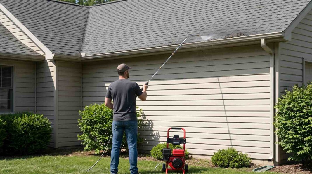 An extension wand connected to a red pressure washer spraying water into a roof gutter.