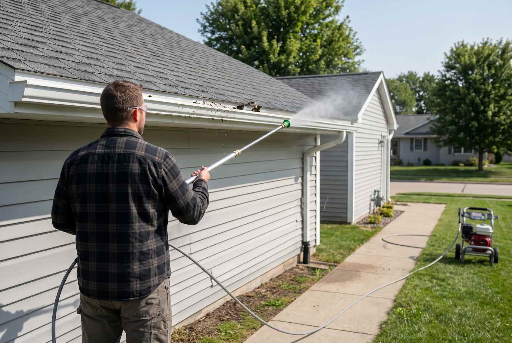 An extension wand spraying a controlled water stream into a white roof gutter.