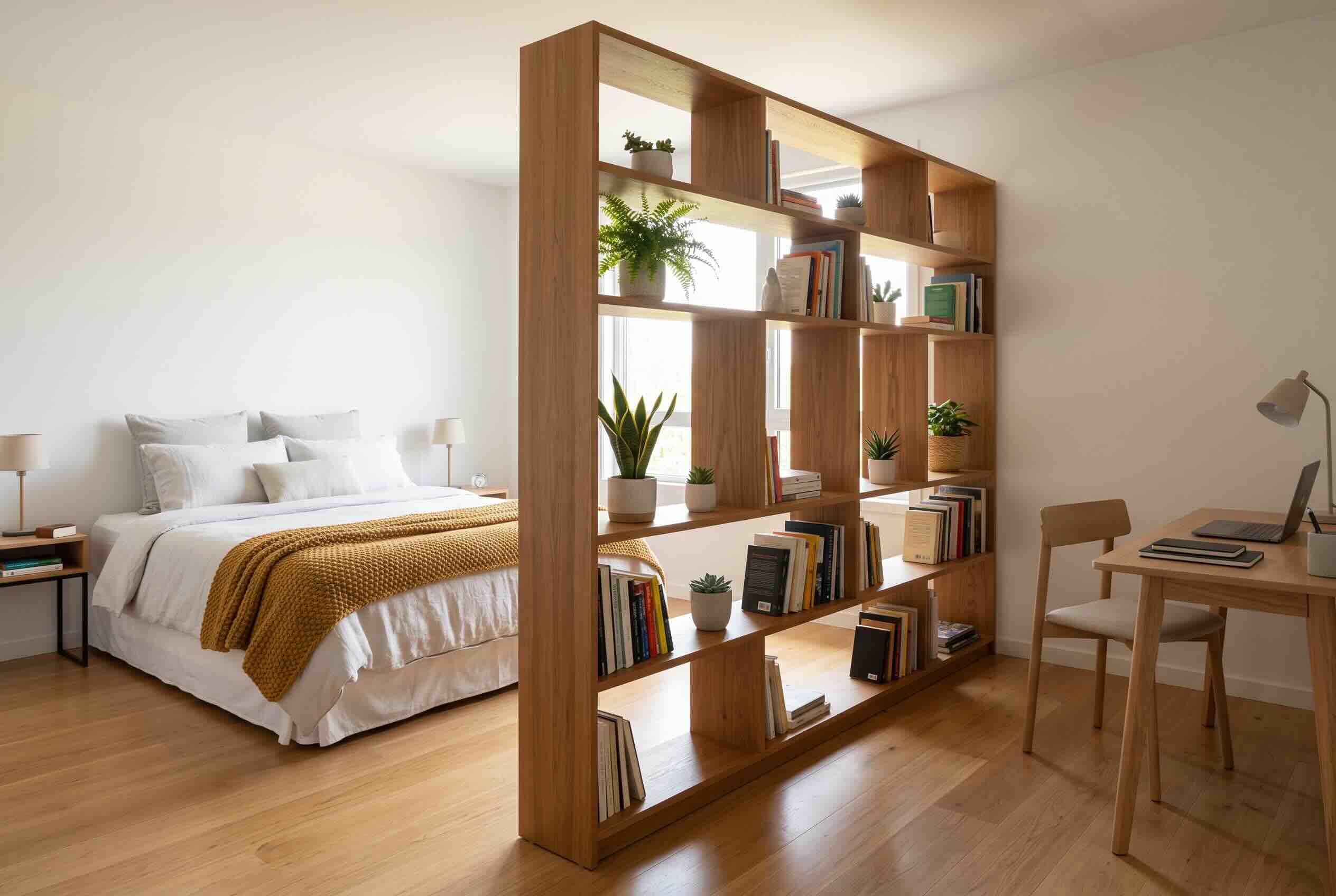 An open-backed wooden bookshelf used as a room divider between a bed and a desk.