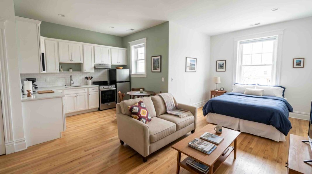 An open-concept studio apartment featuring a bed, seating area, and kitchen in one space.