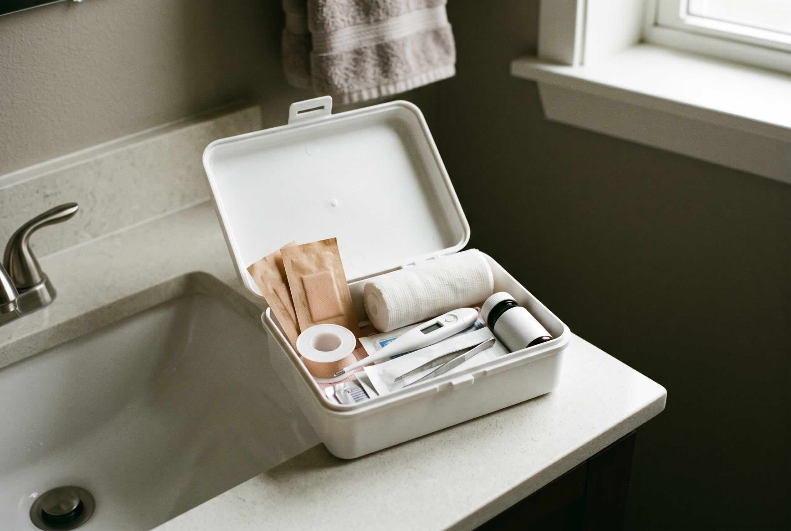 An open first aid kit with bandages and a thermometer resting on a bathroom counter.