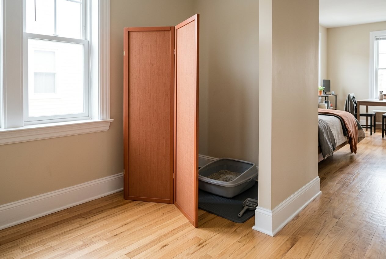 An open litter box concealed behind a folding wooden room divider in a studio apartment.