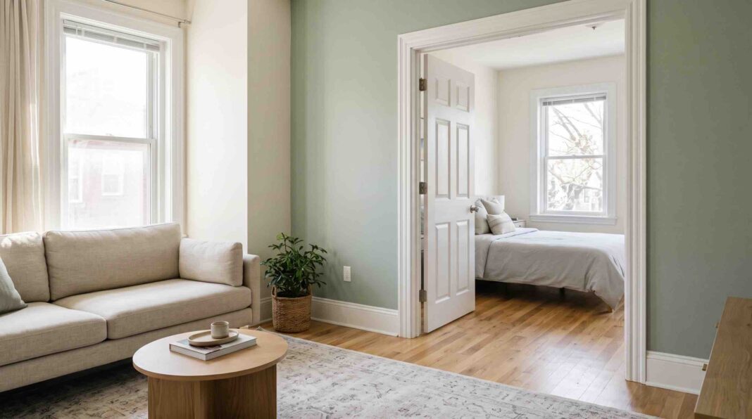 An open living room with a sofa and coffee table leading into a separate bedroom.