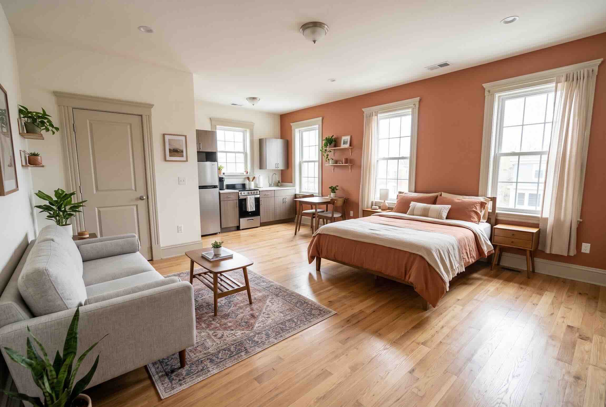 An open-plan studio apartment layout combining a living area, kitchen, and bed in one continuous space.
