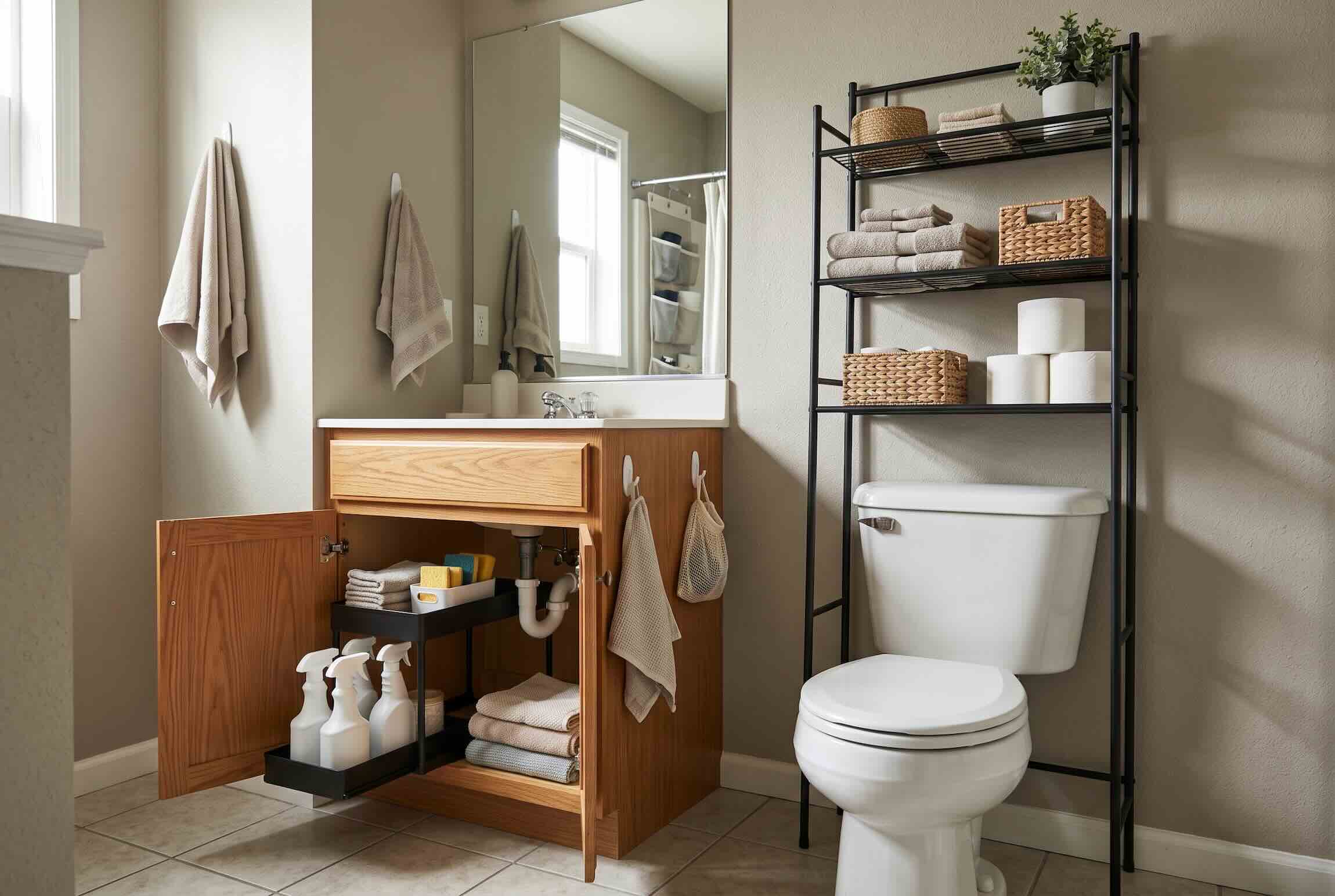 An open vanity with under-sink storage next to a black wire over-the-toilet shelving unit.