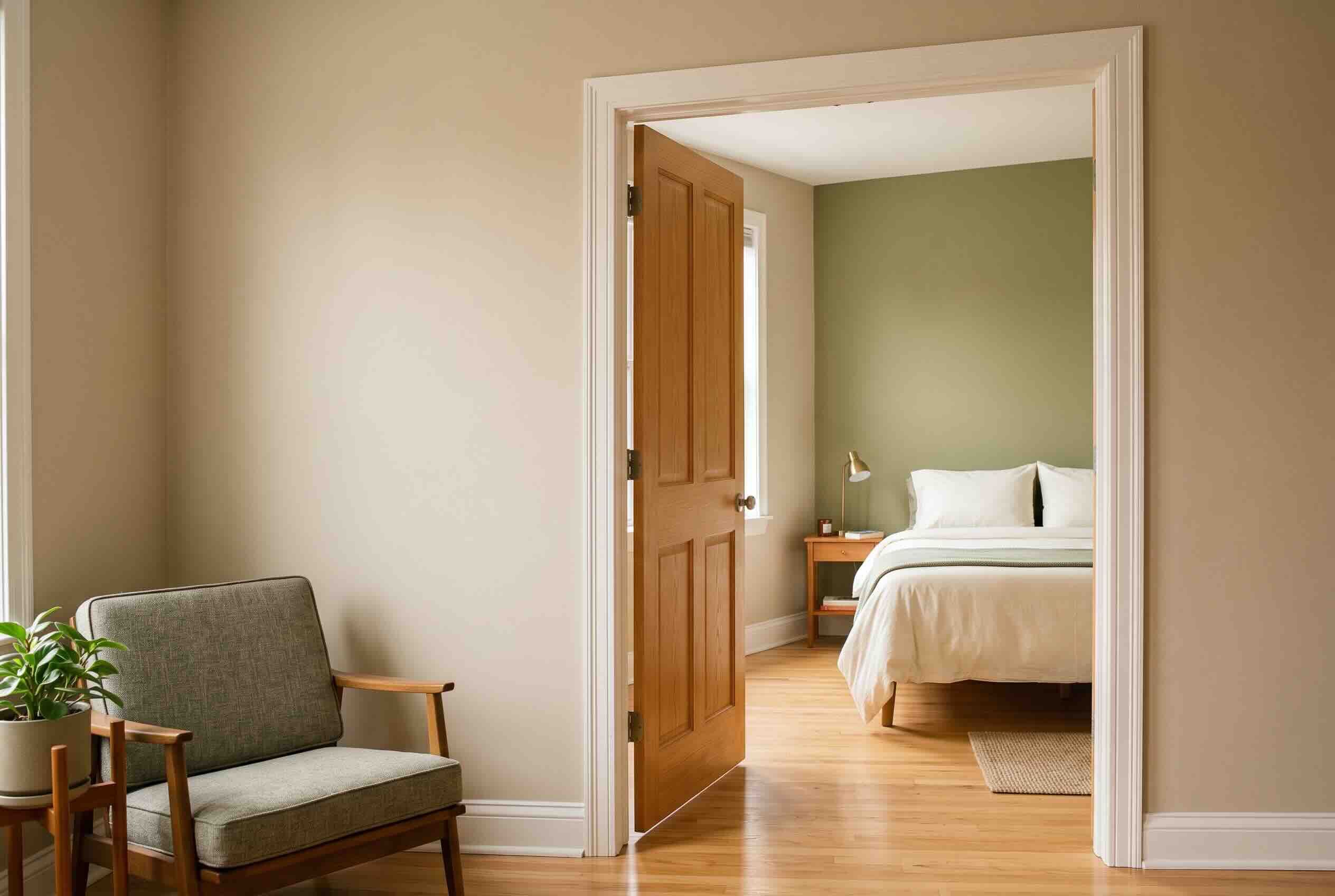 An open wooden door revealing a separate bedroom inside a one-bedroom apartment.