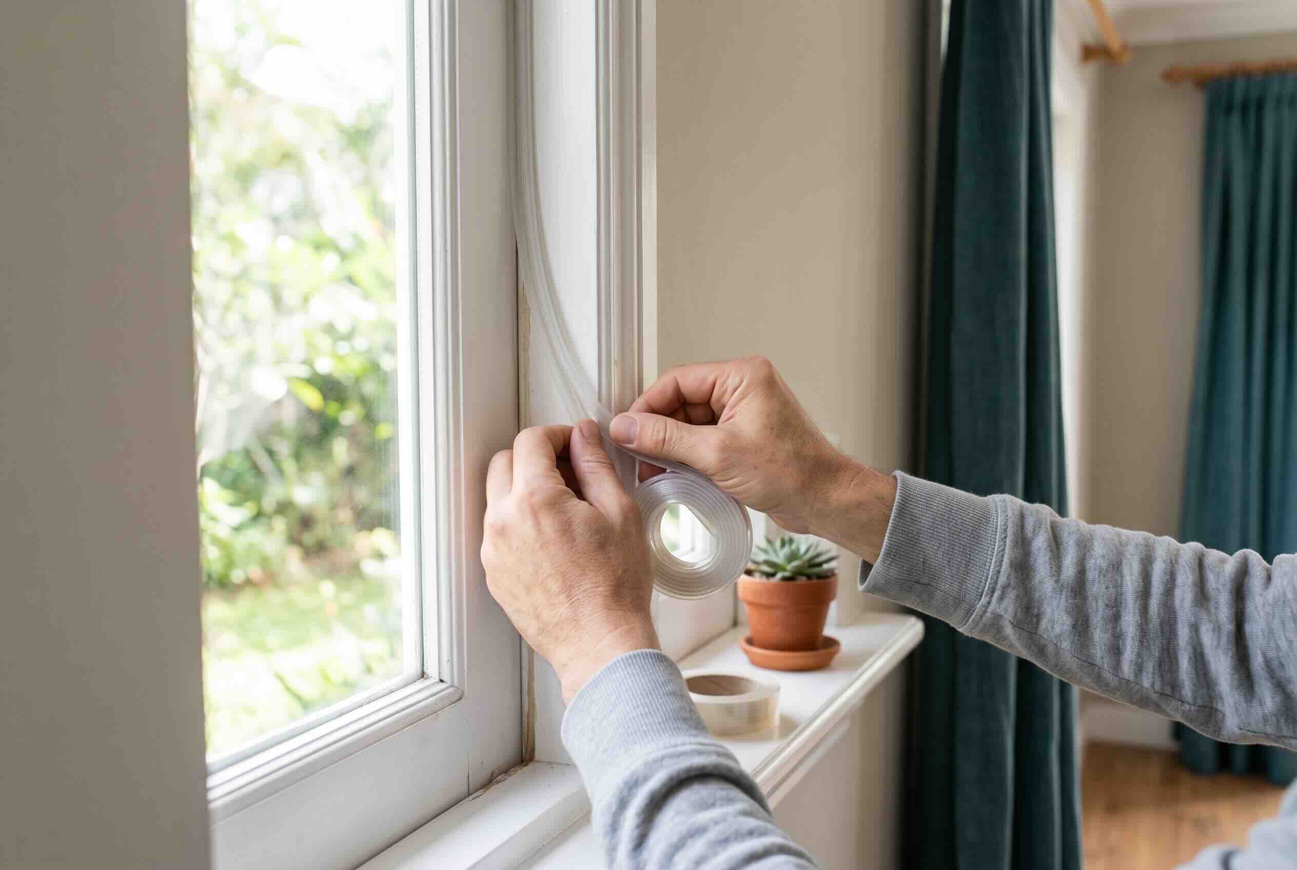 Applying adhesive weatherstripping tape along a window frame.
