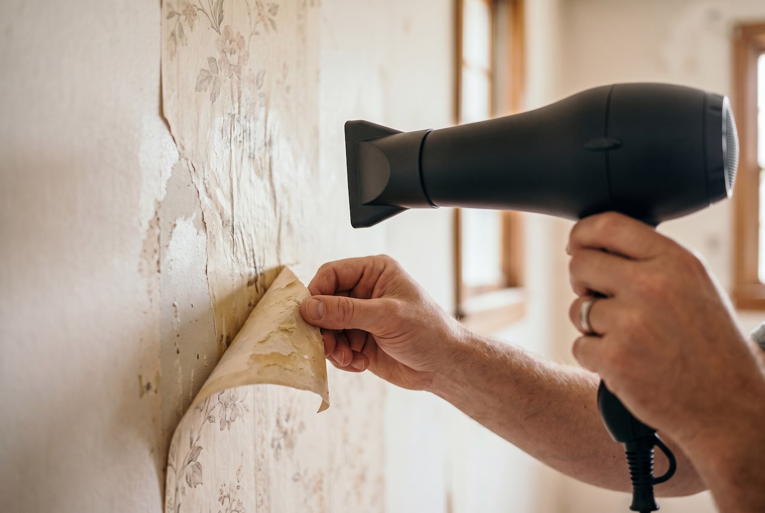 Applying heat with a hairdryer to loosen stubborn wallpaper adhesive during removal.