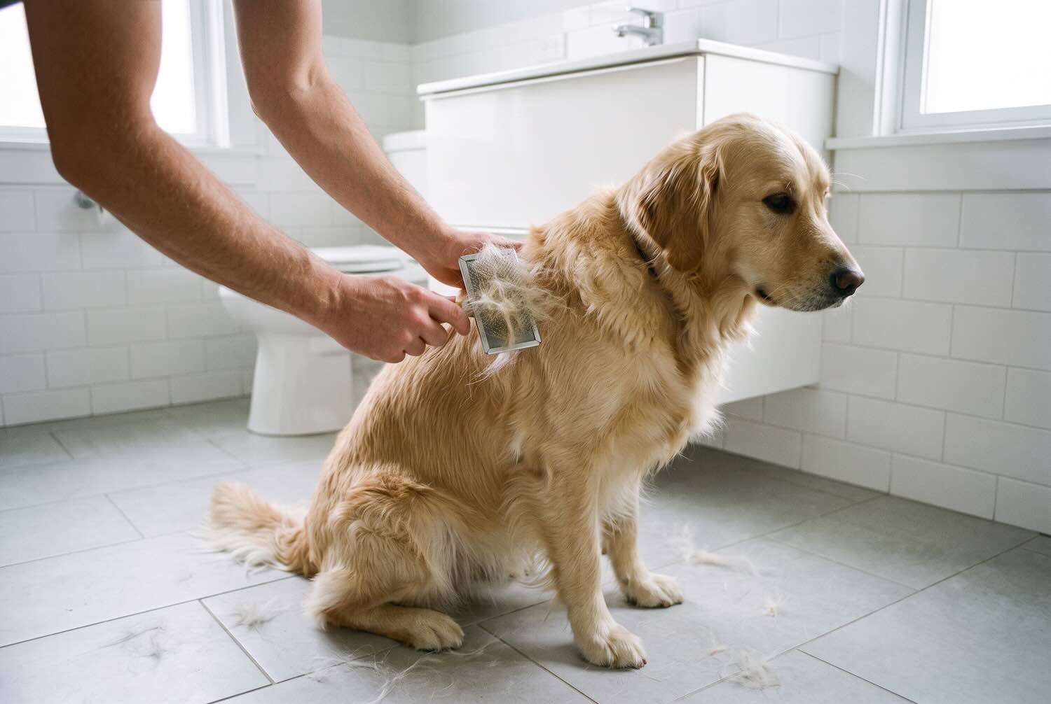 Brushing a dog's fur in a tiled bathroom.