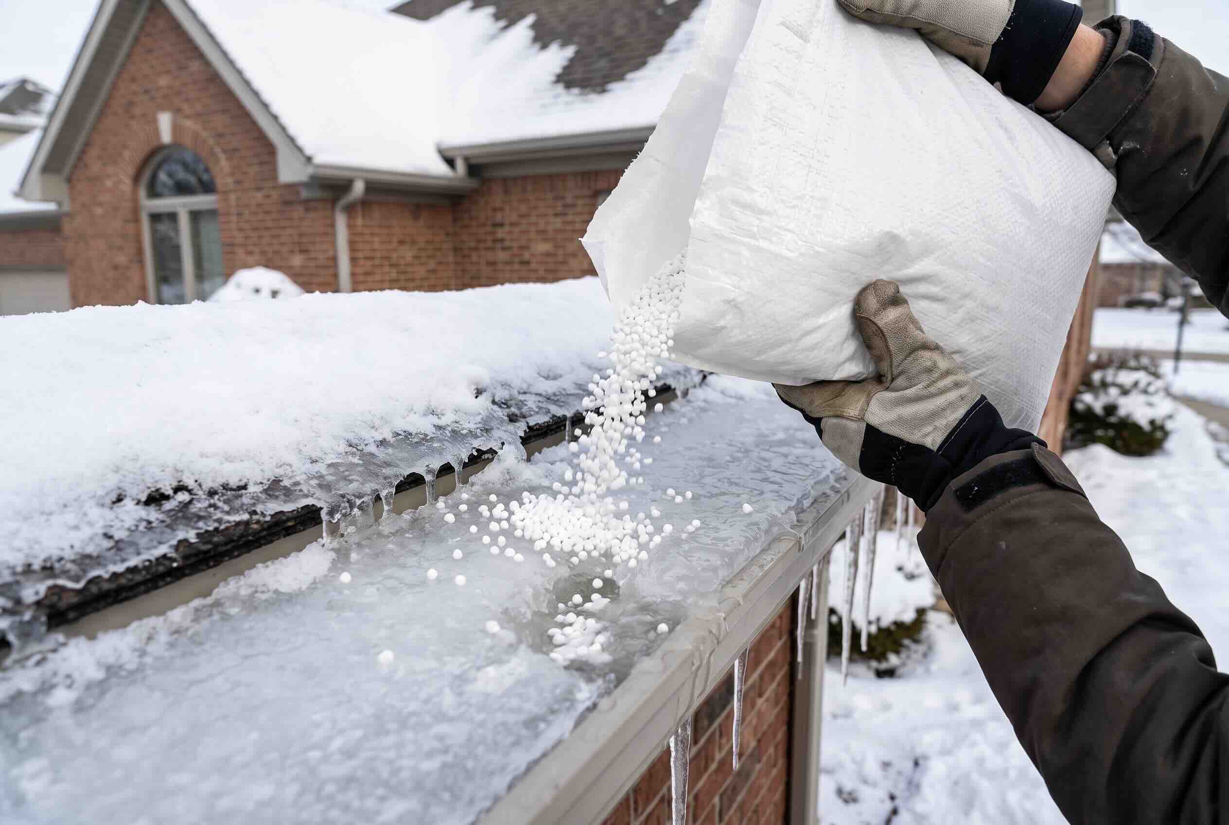 Calcium chloride ice melt poured from a white bag directly onto a frozen roof gutter.