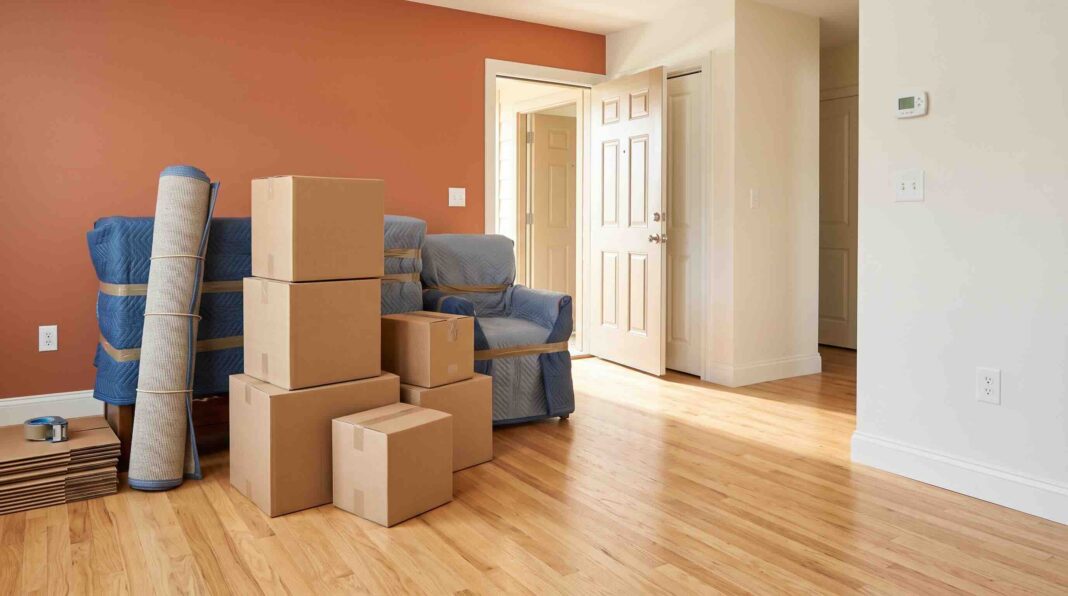 Cardboard moving boxes stacked next to an armchair and rolled rug wrapped in moving blankets.