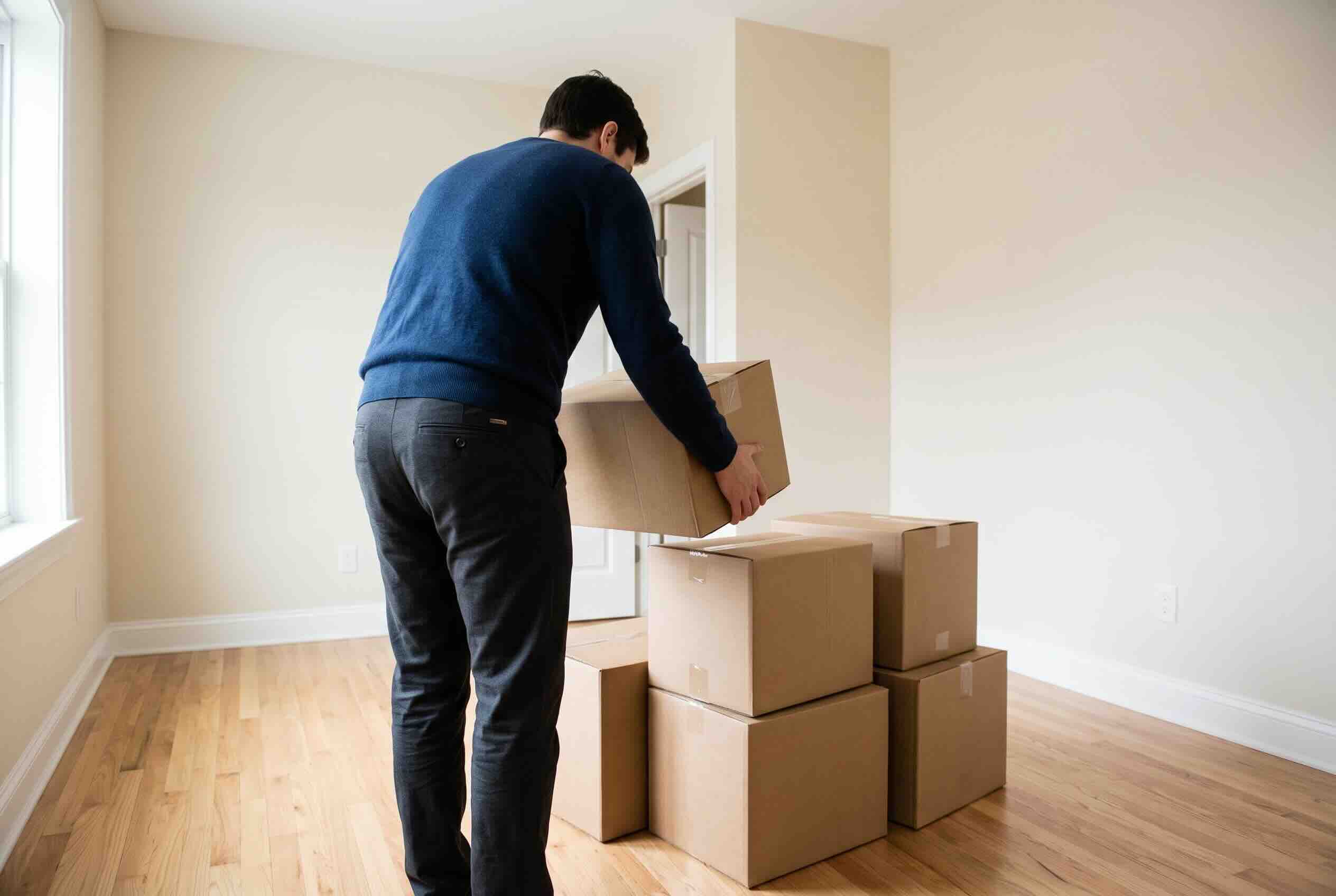 Carrying a cardboard moving box into an empty room.