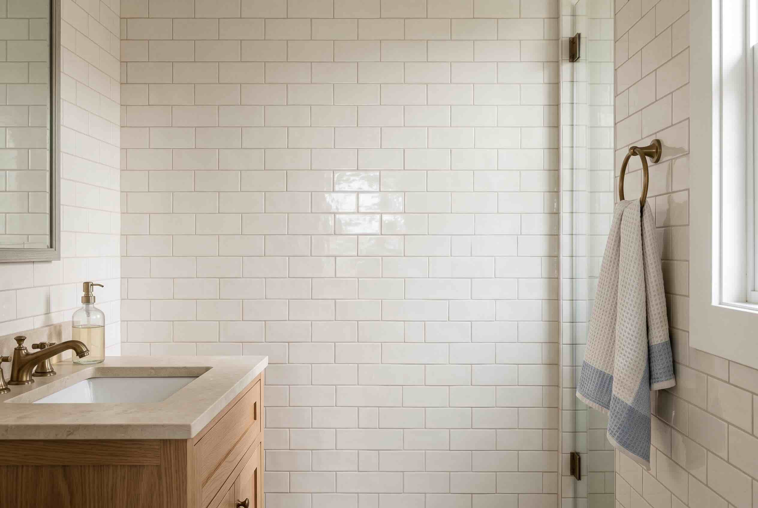 Classic white subway tile laid horizontally across a bathroom wall behind a vanity.