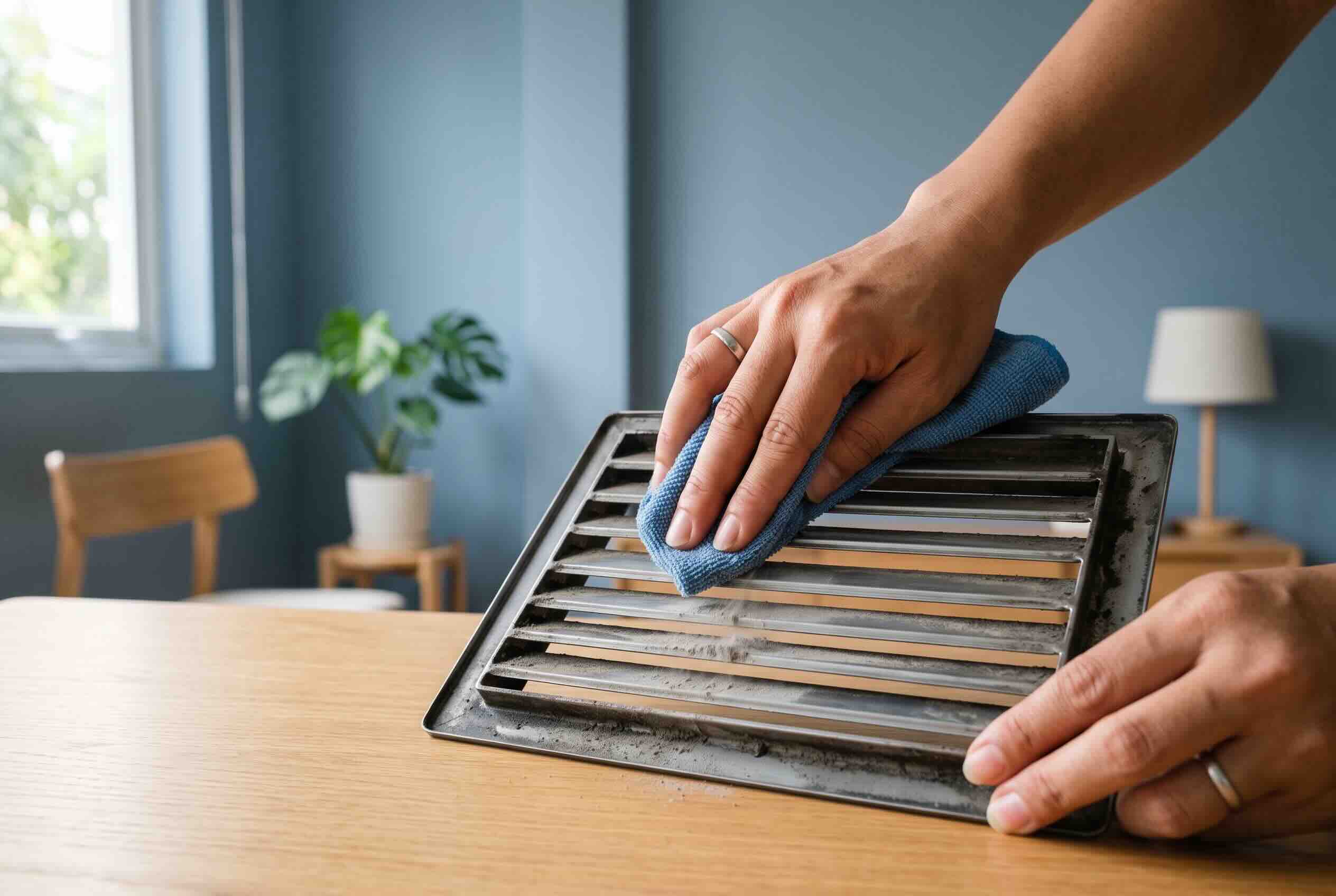 Cleaning the slats of an air vent cover with a microfiber cloth.