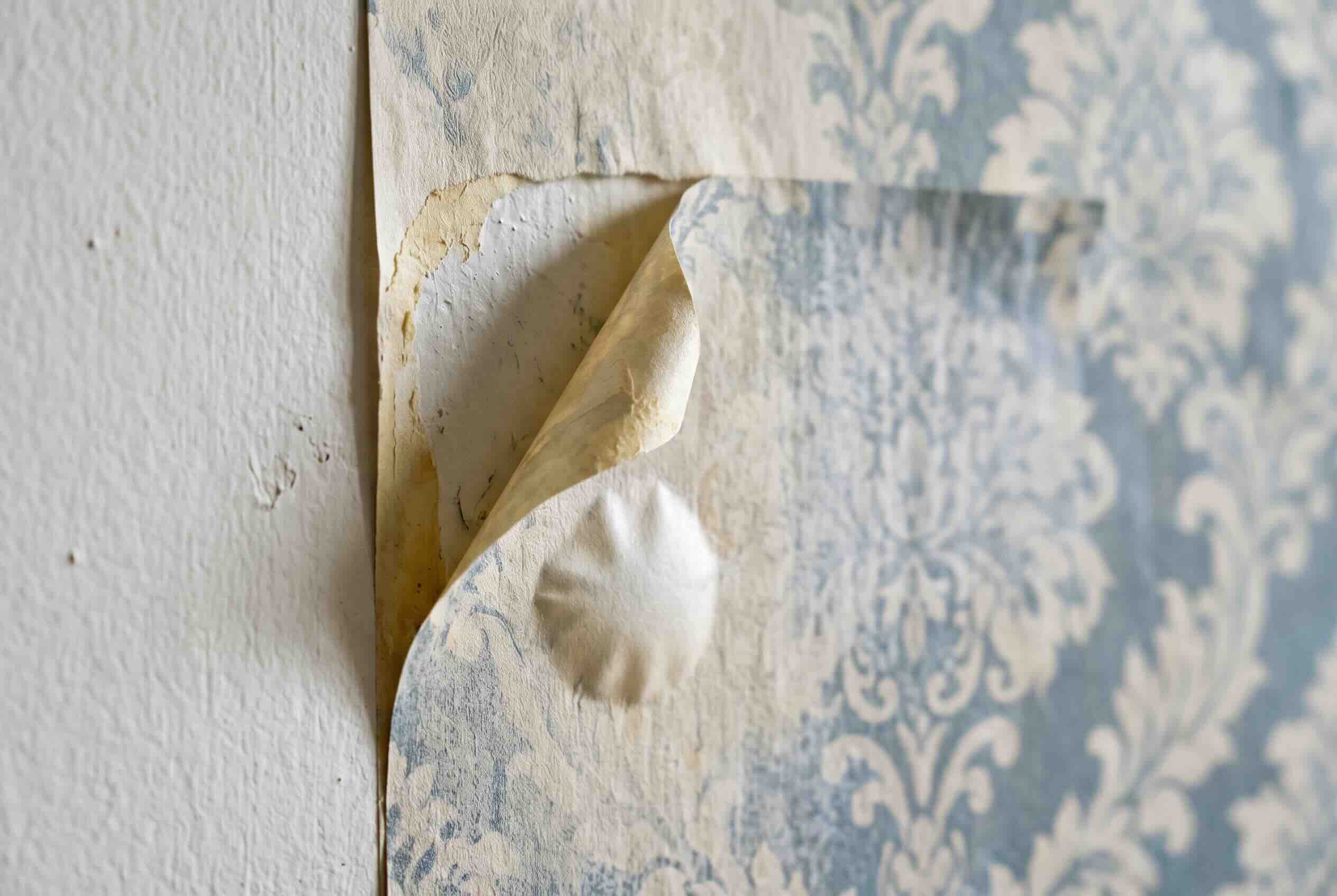 Close-up of bubbling and peeling wallpaper indicating it needs replacement.