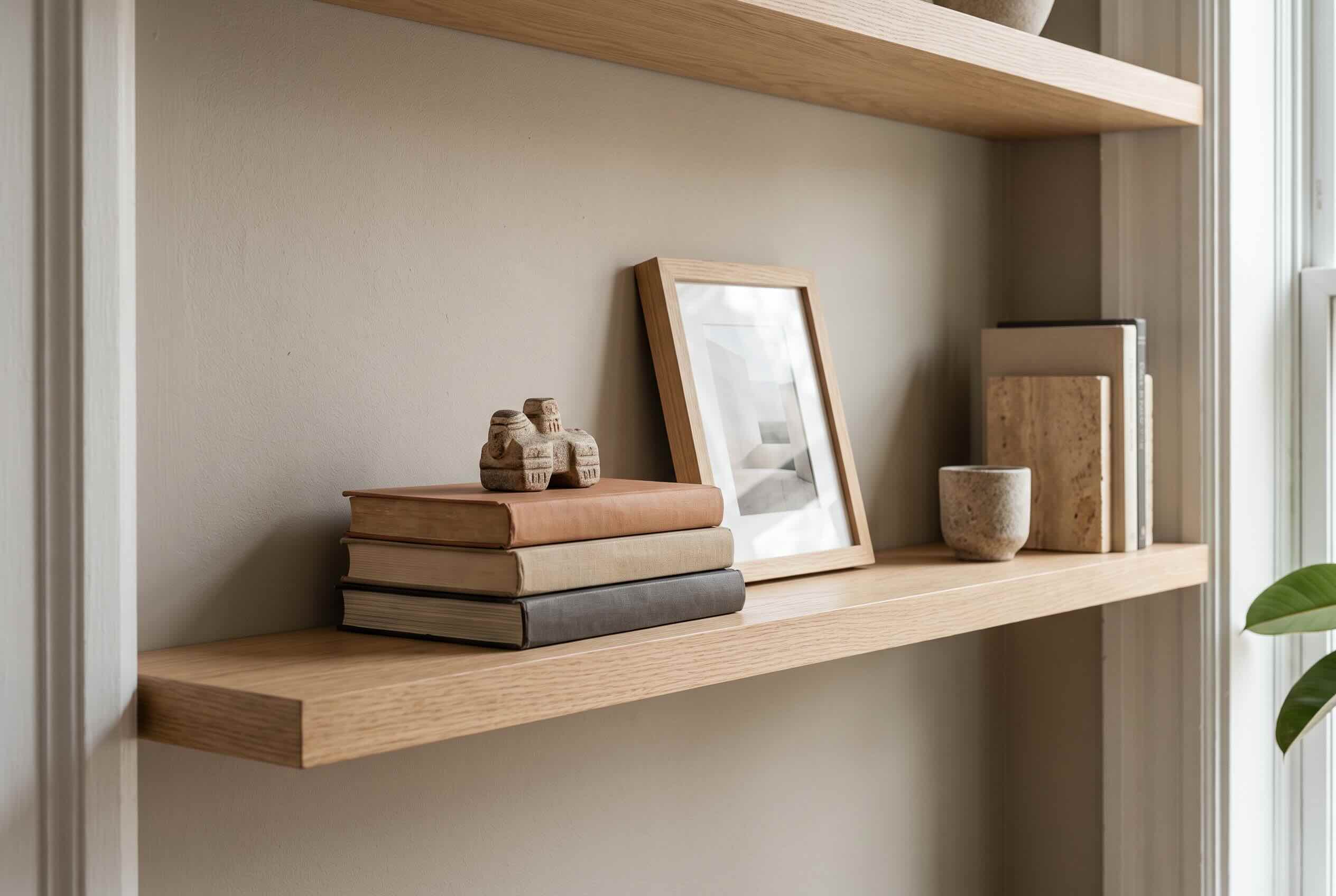 Floating wooden shelves displaying books, a photo, and minimal decor.