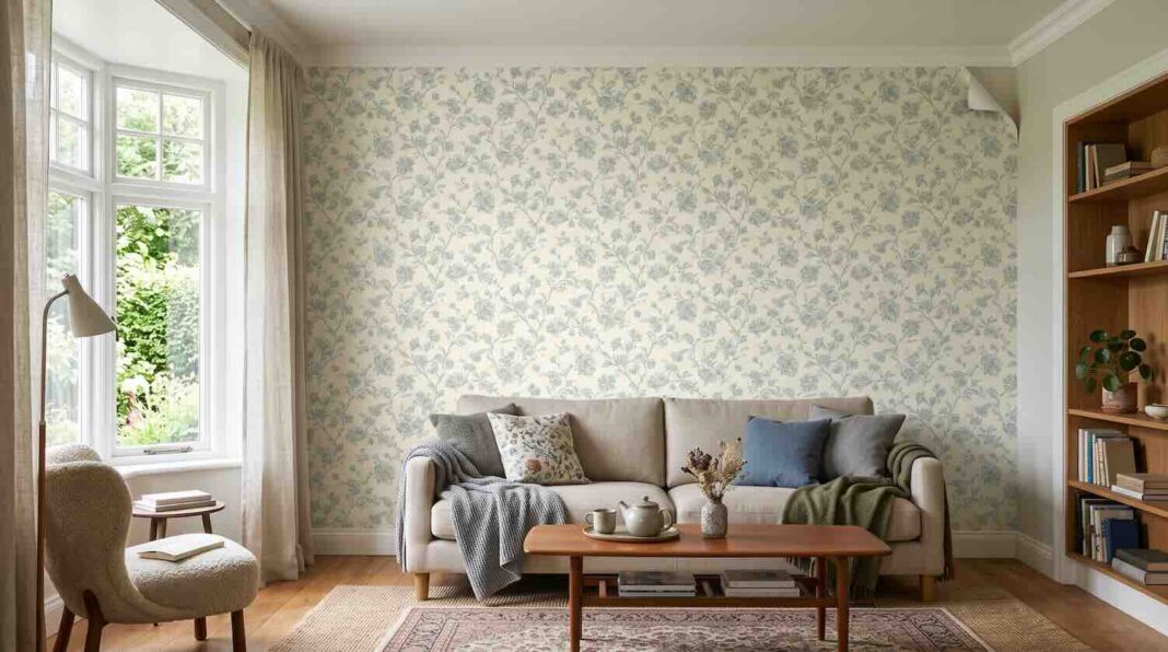 Floral peel and stick wallpaper in a living room.