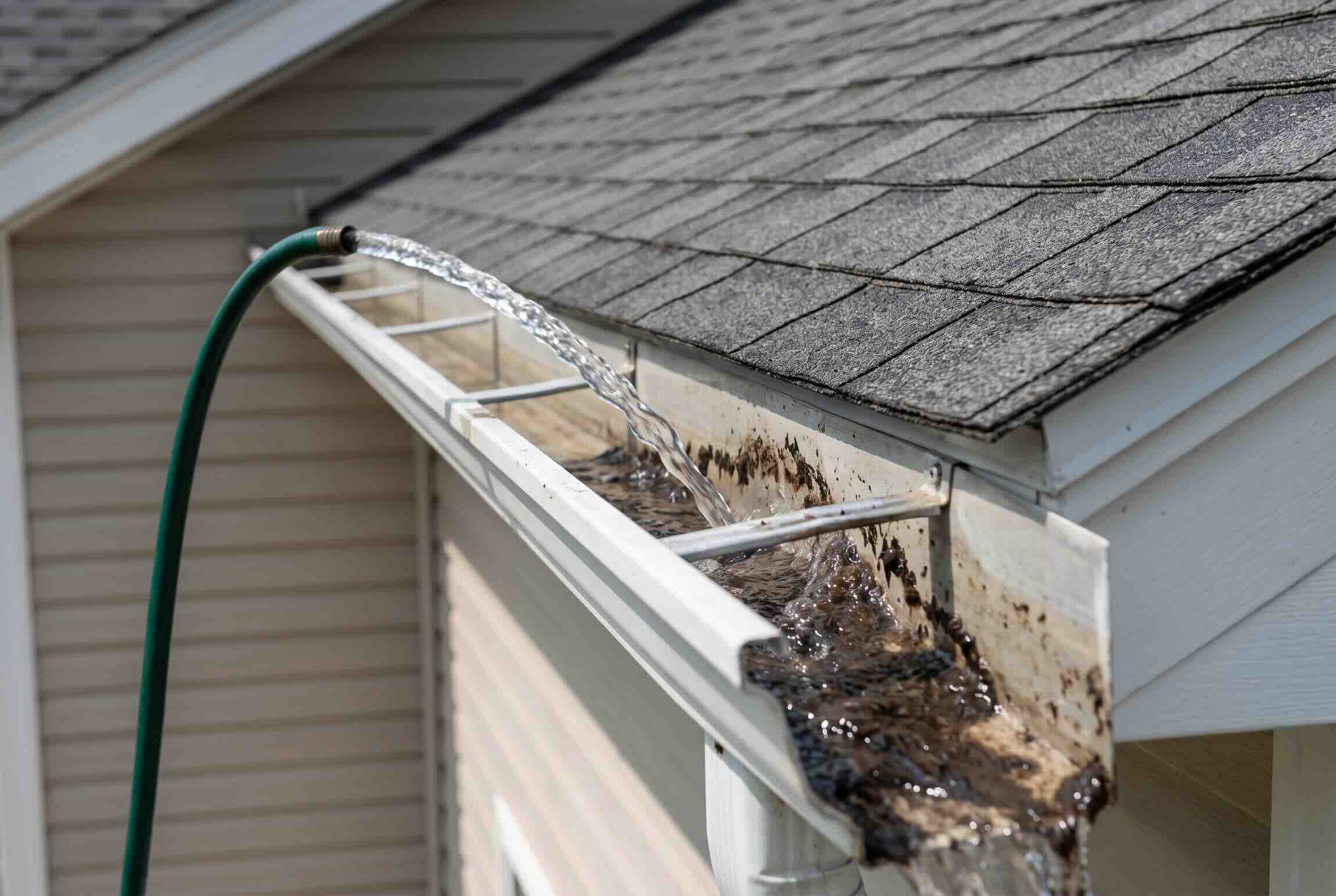 Flushing an open gutter with a hose to clear out sludge and debris.