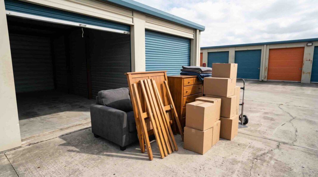 Furniture and boxes outside an open drive-up storage unit.