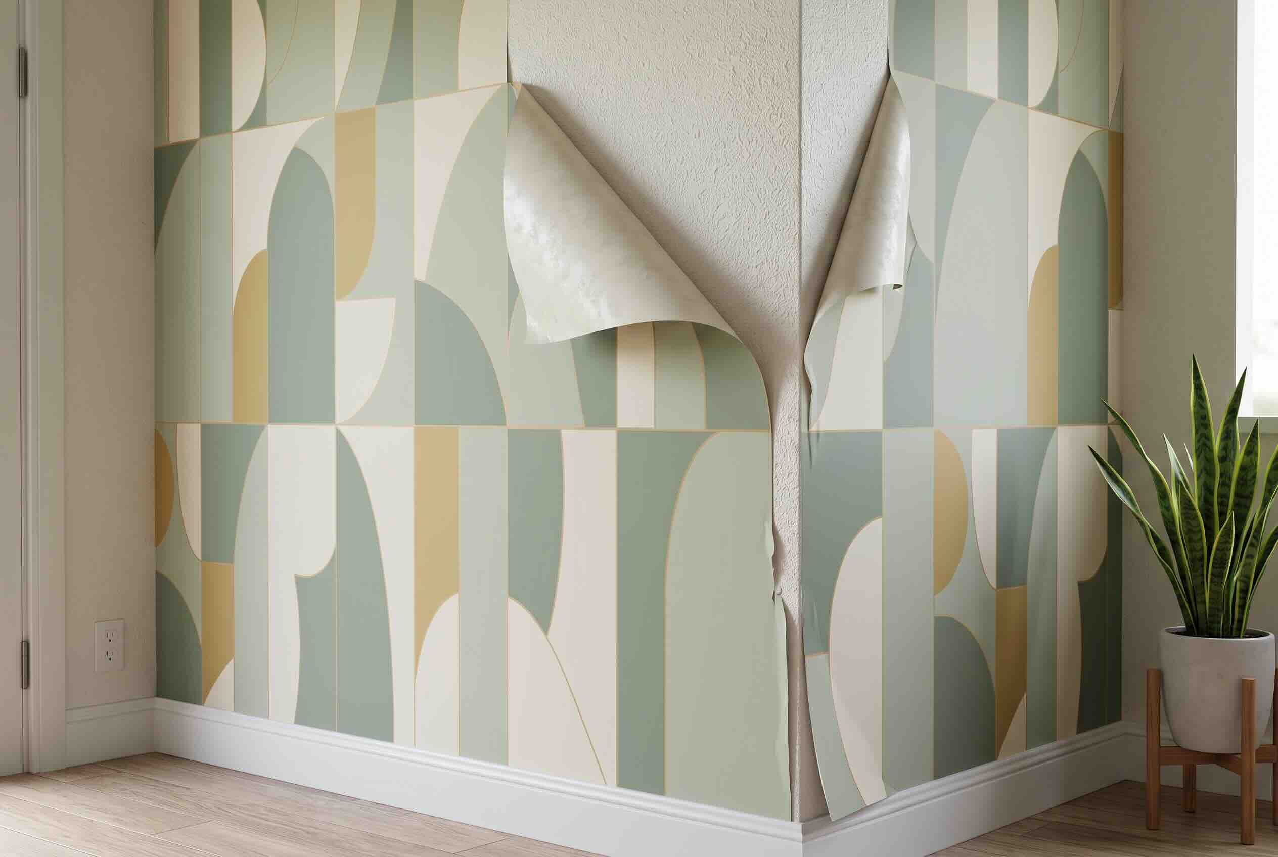 Geometric peel and stick wallpaper peeling away from a corner wall.