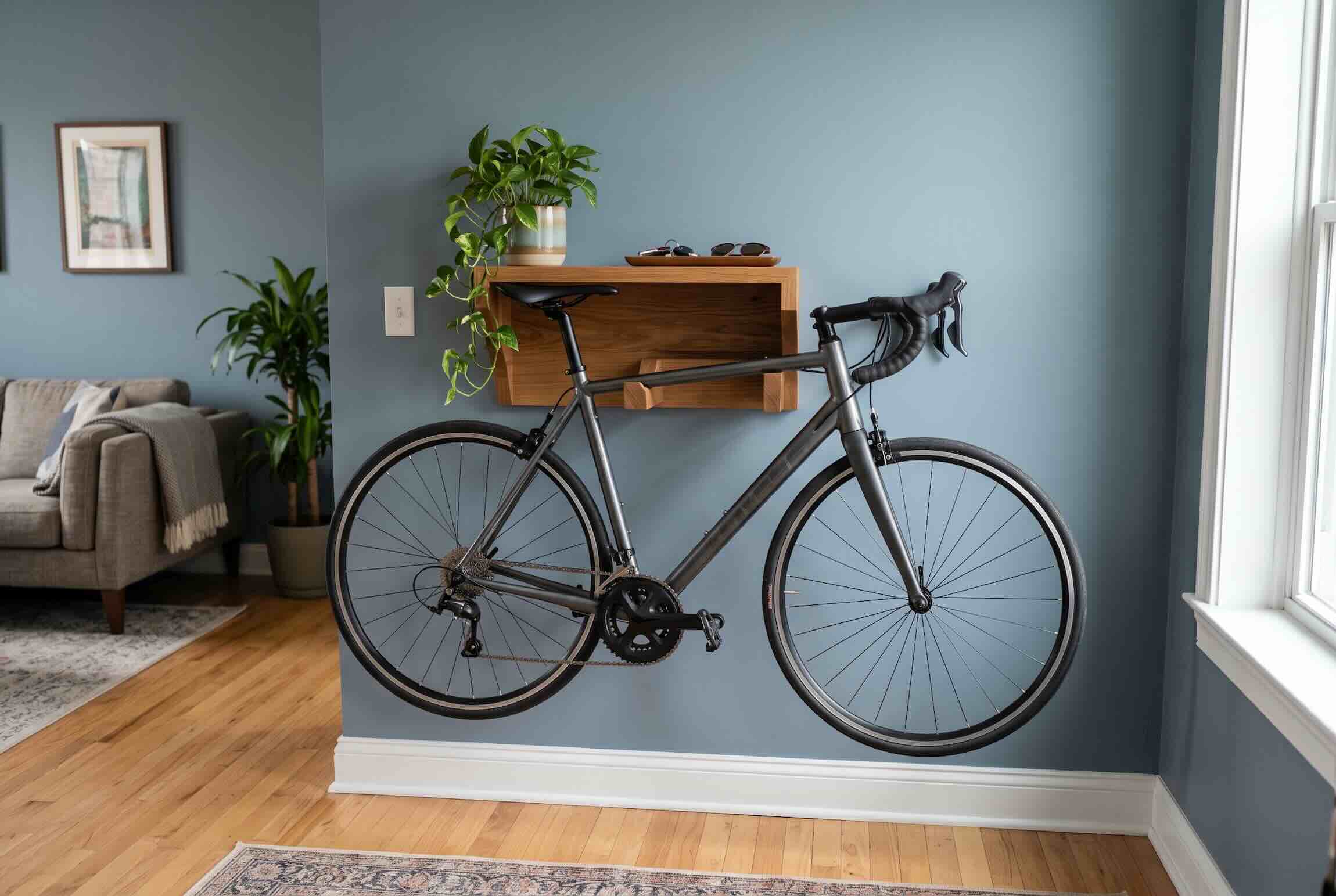 Hanging a bicycle horizontally on a wooden wall shelf that also holds small decorative items.