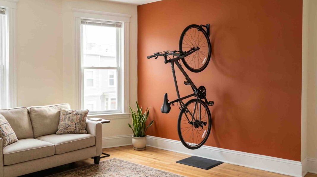Hanging a black bicycle vertically on a terracotta-colored wall using a wall-mounted hook.