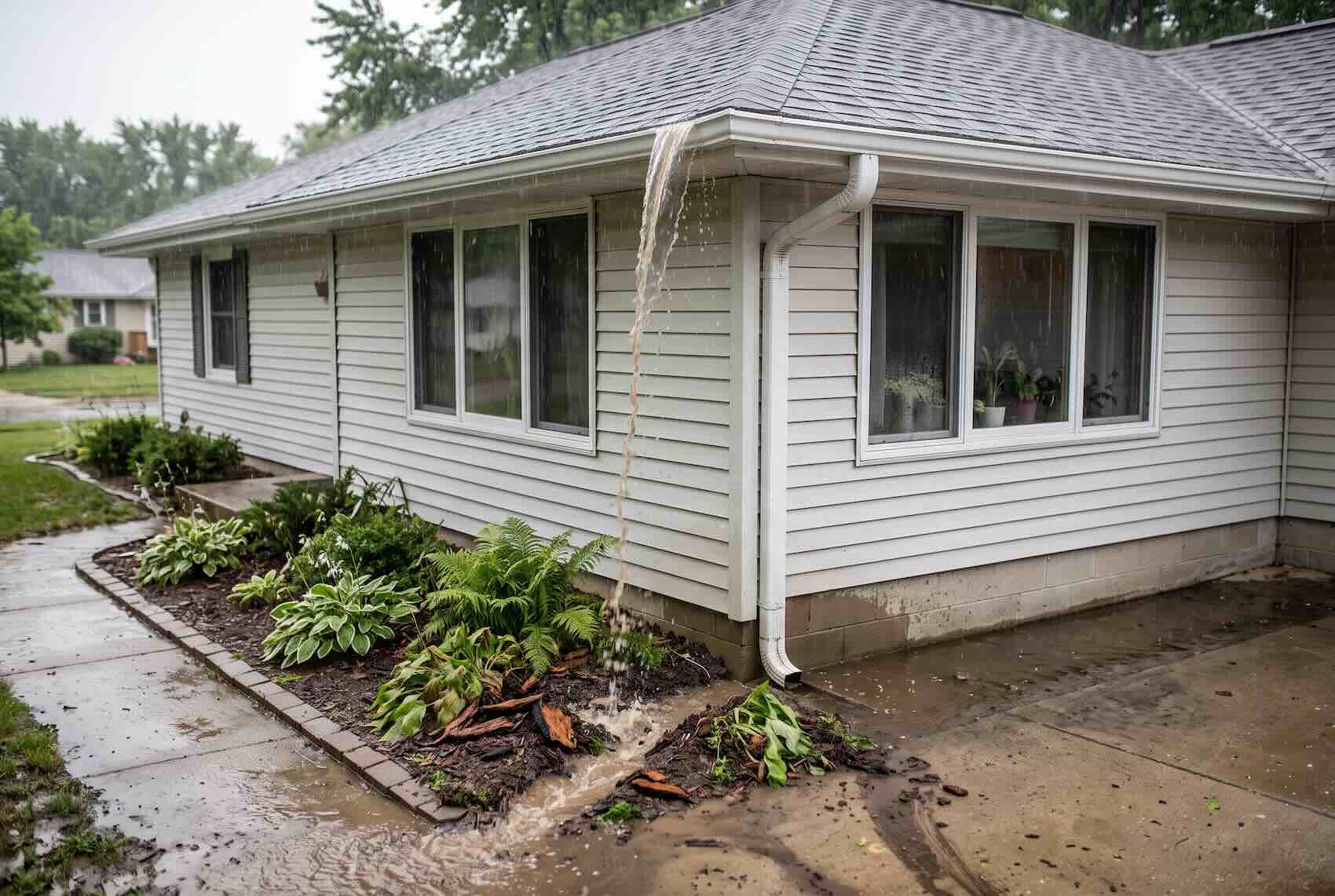 Heavy gutter runoff eroding soil in a garden bed.