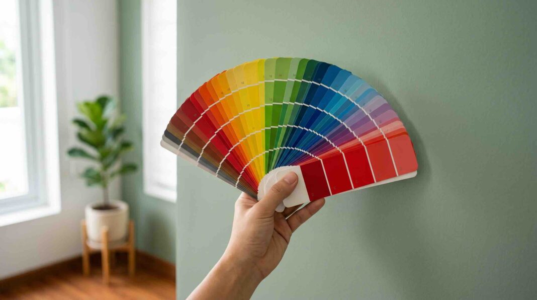 Holding a colorful paint swatch fan deck against a green wall.