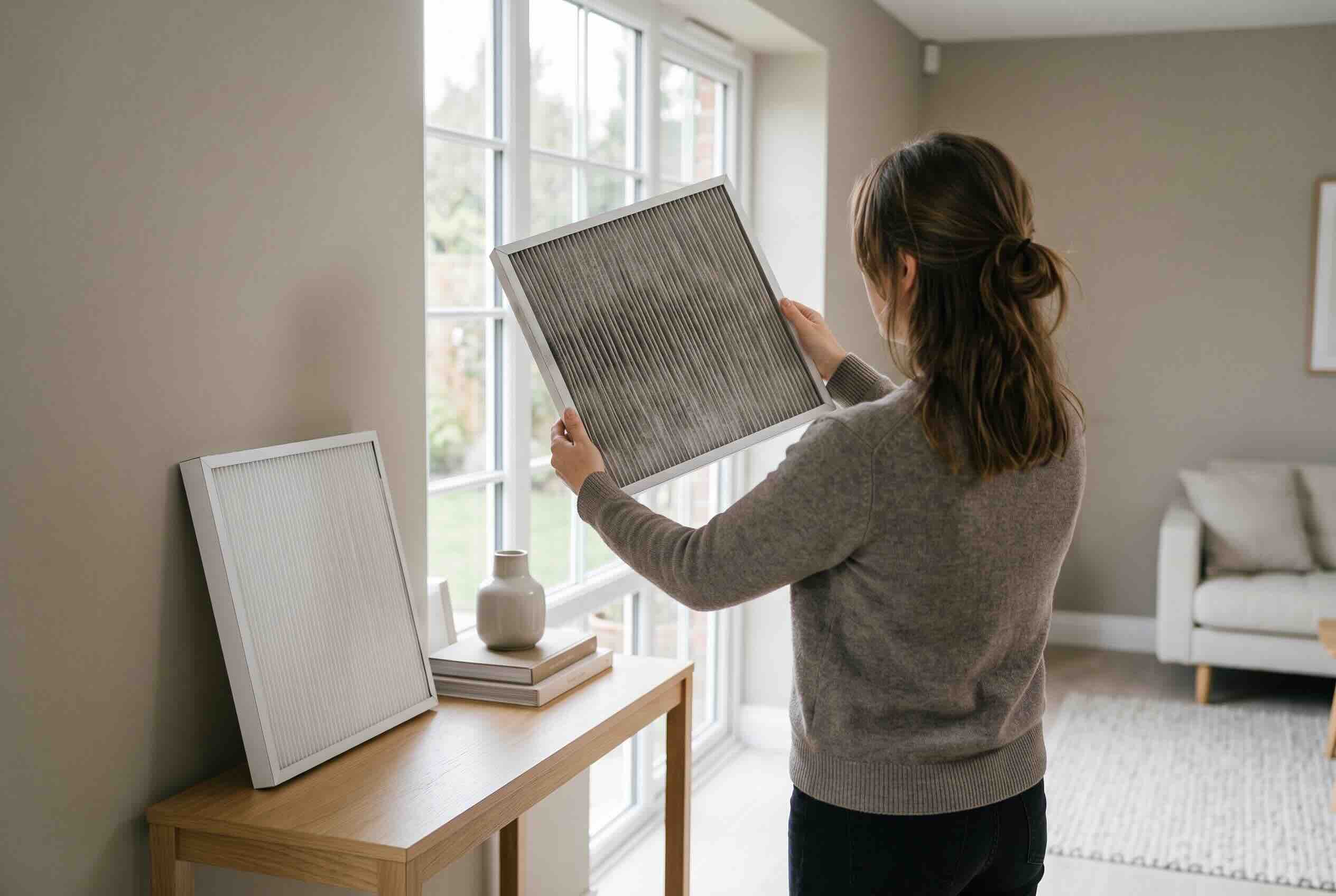 Inspecting a dirty pleated HVAC filter near a bright window.