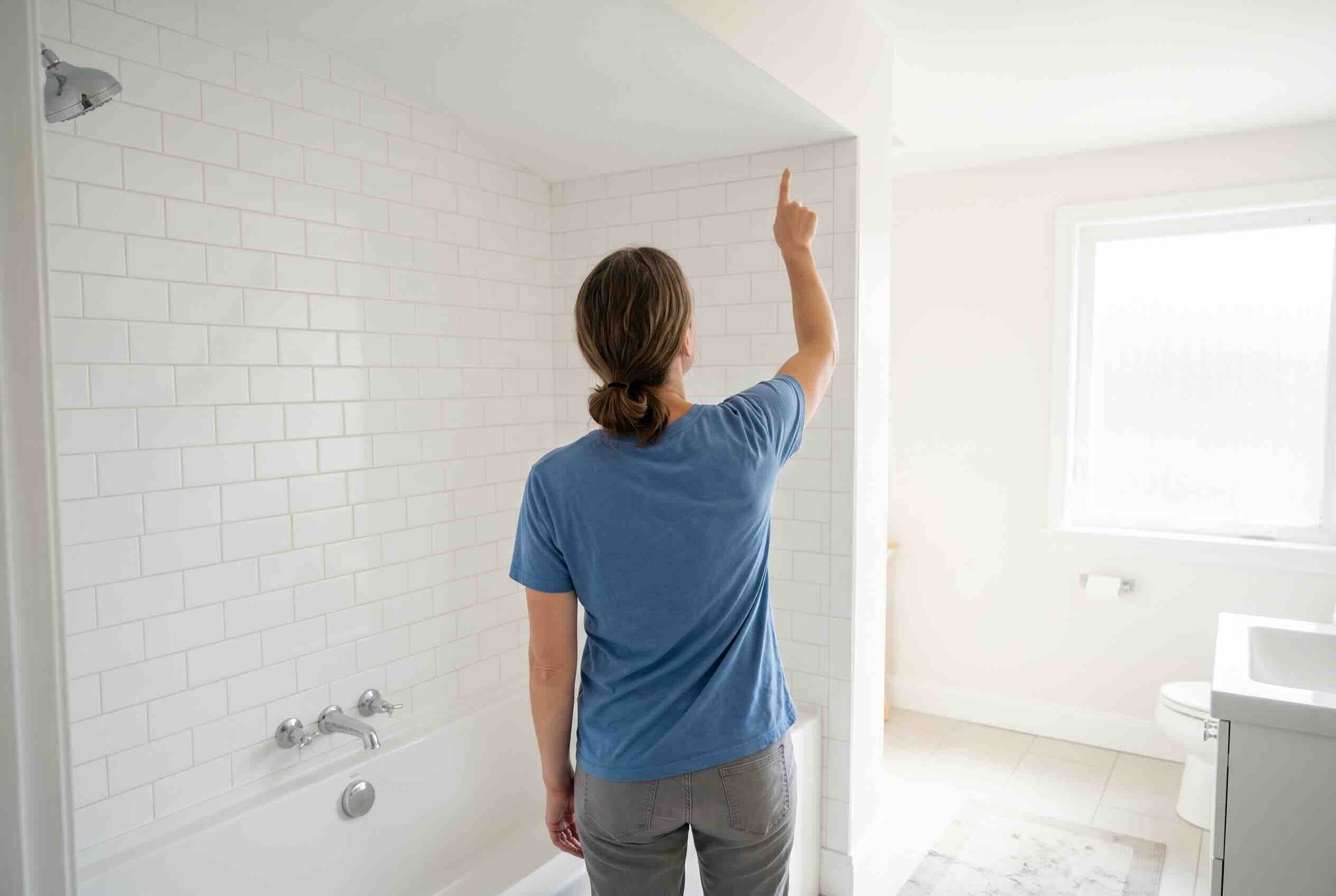 Inspecting the ceiling and tile condition in a bathroom shower.