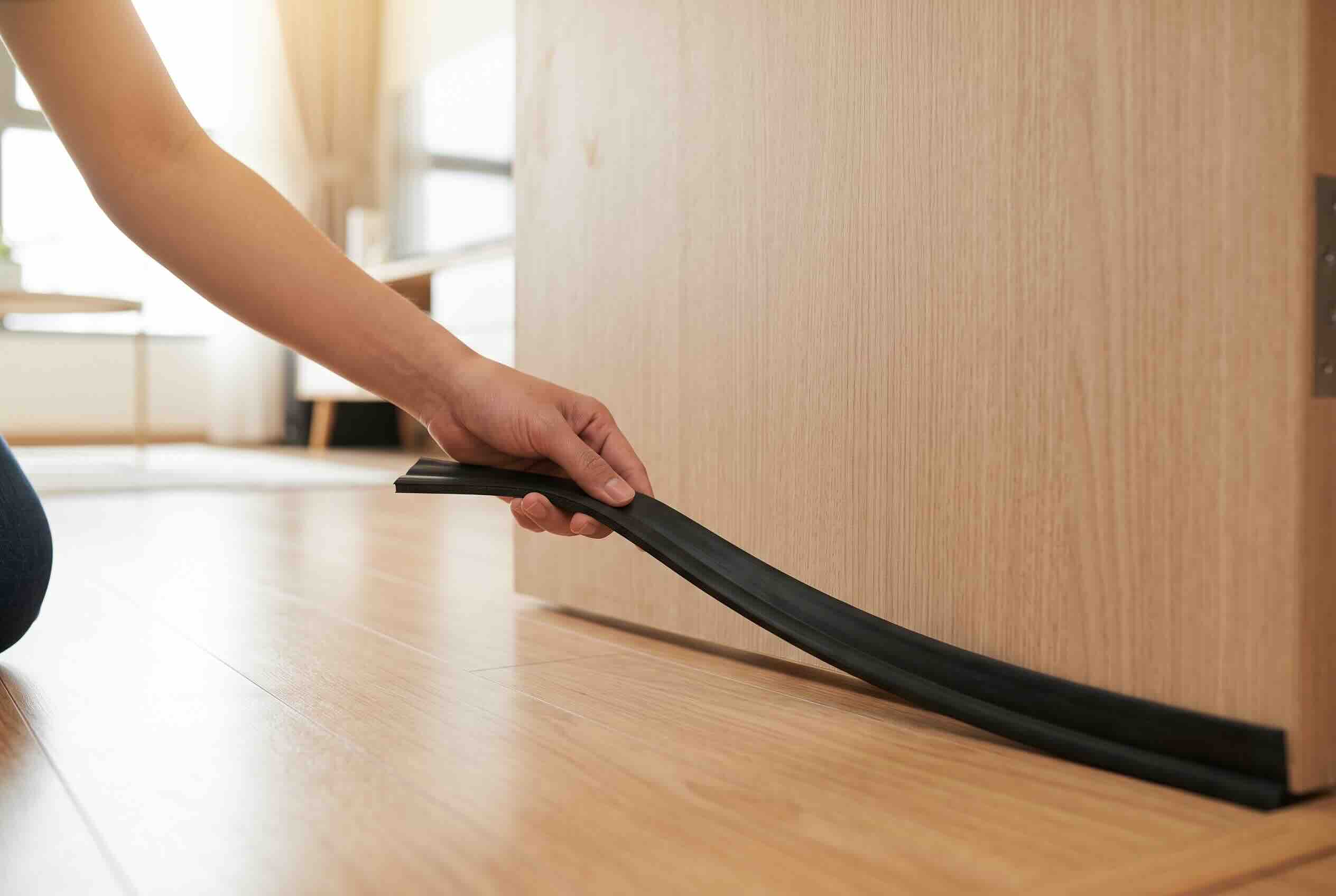 Installing a rubber door sweep at the bottom of a wooden door.