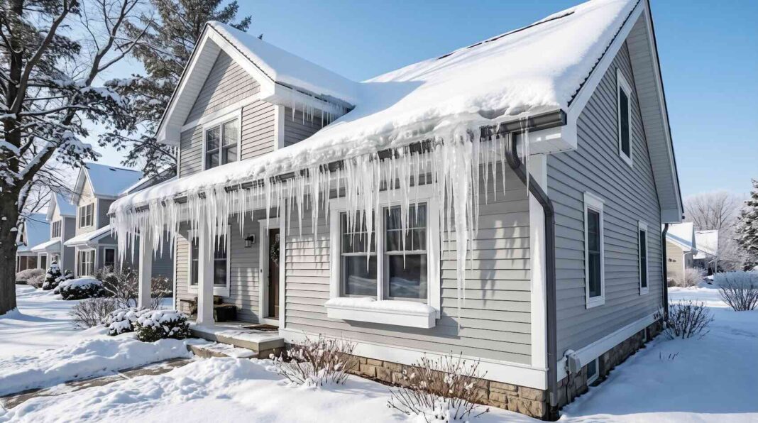 Large icicles hanging from a frozen gutter along the roofline of a grey house.