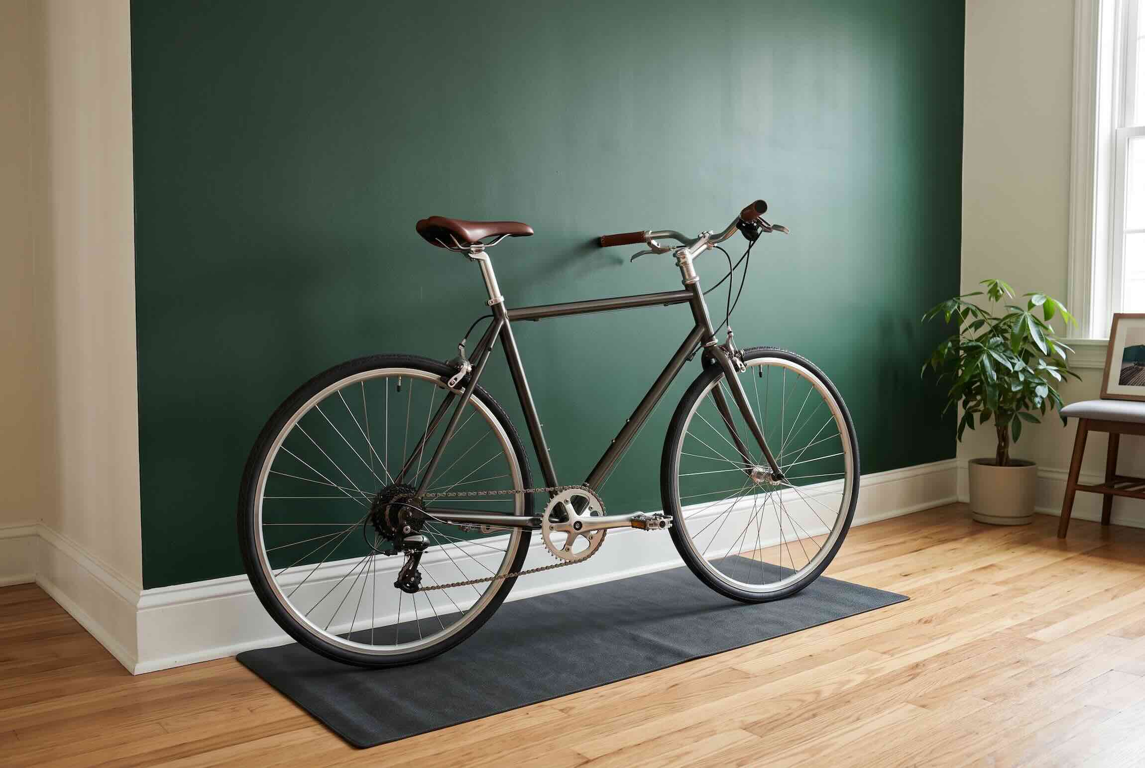 Leaning a bicycle against a dark green accent wall with a black protective mat underneath.
