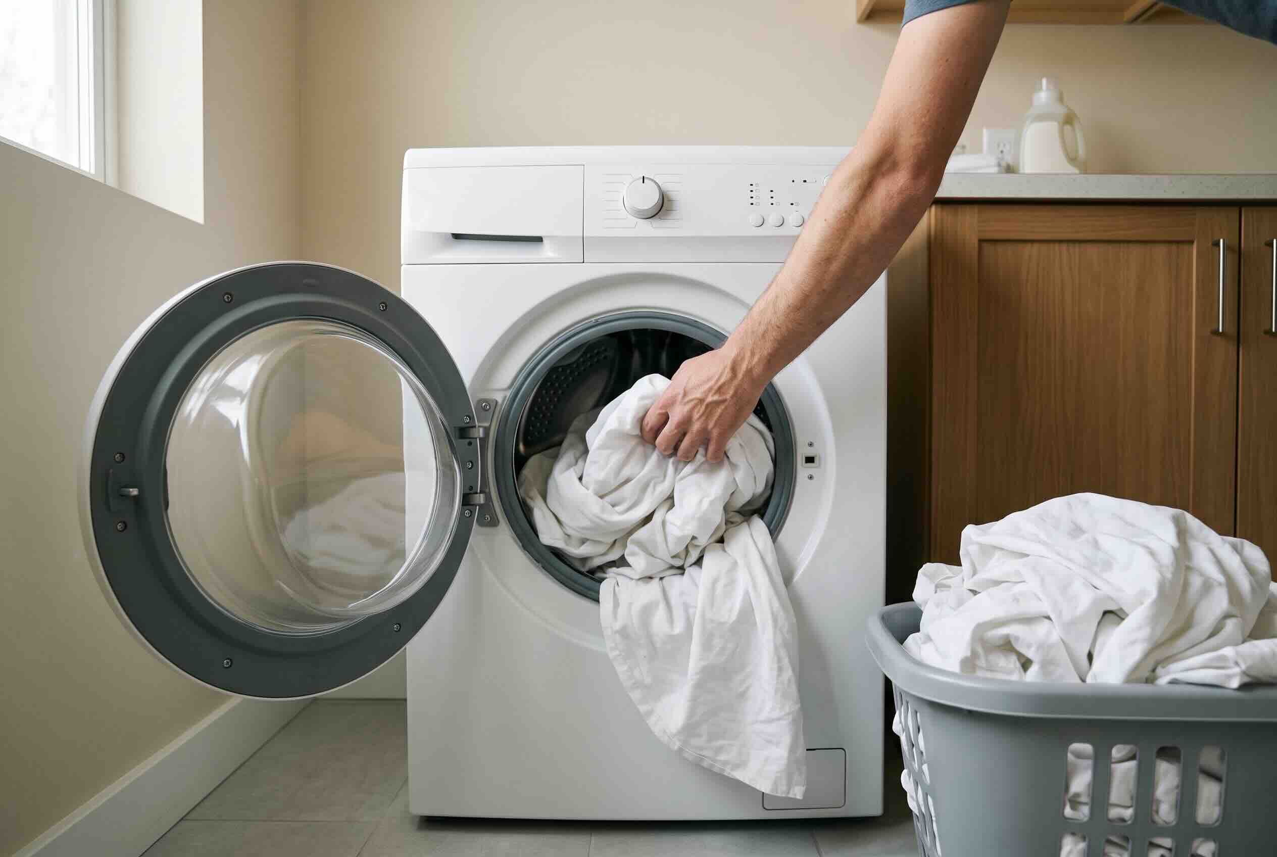 Loading white bedding into a front-load washing machine.