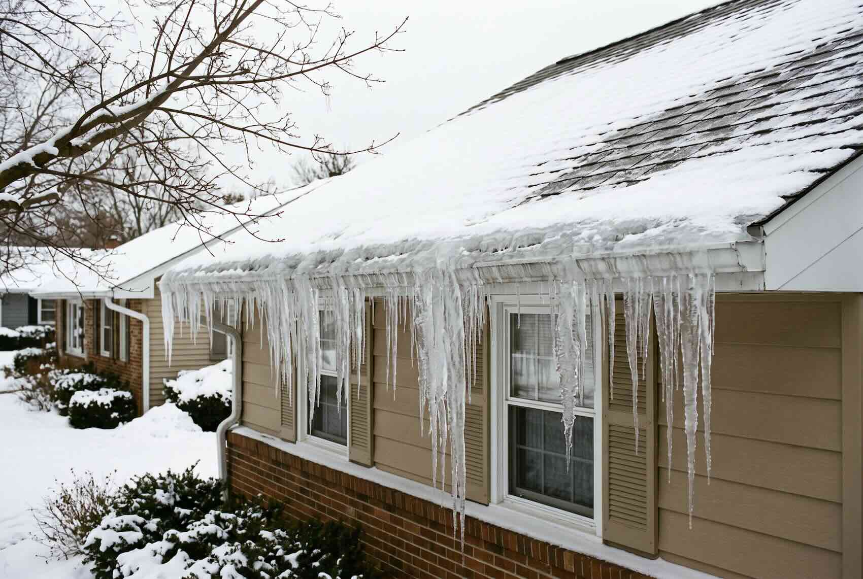 Long icicles forming an ice dam along a clogged gutter.
